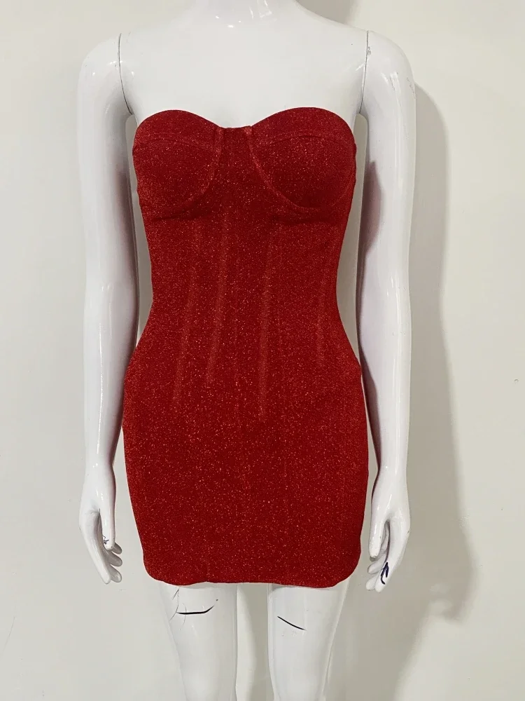 Sexy Strapless Bright Silk Lace-up Mini Dress Women Red Black Sleeveless Backelss Bodycon Dresses Evening Party Cocktail Gowns