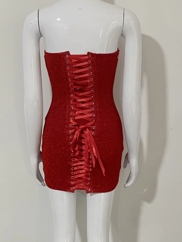 Sexy Strapless Bright Silk Lace-up Mini Dress Women Red Black Sleeveless Backelss Bodycon Dresses Evening Party Cocktail Gowns