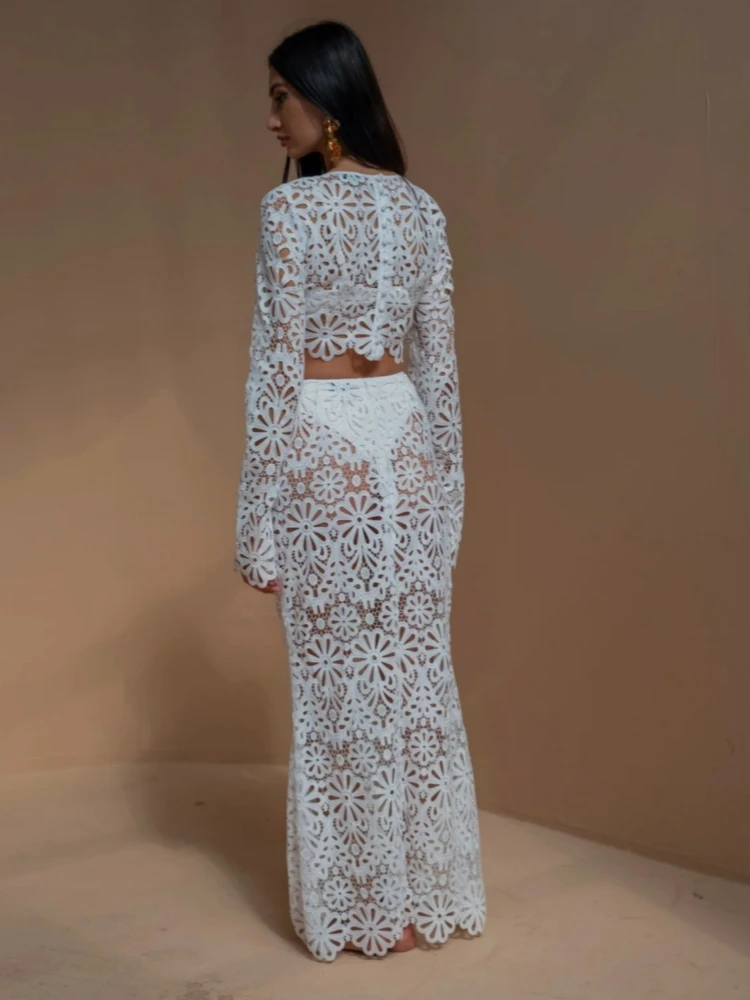 White Elegant Embroidery Hollow Out Beach Dresses Set Sexy See Though Crop Tops Long Skirts Women Sets Summer Women Outfits