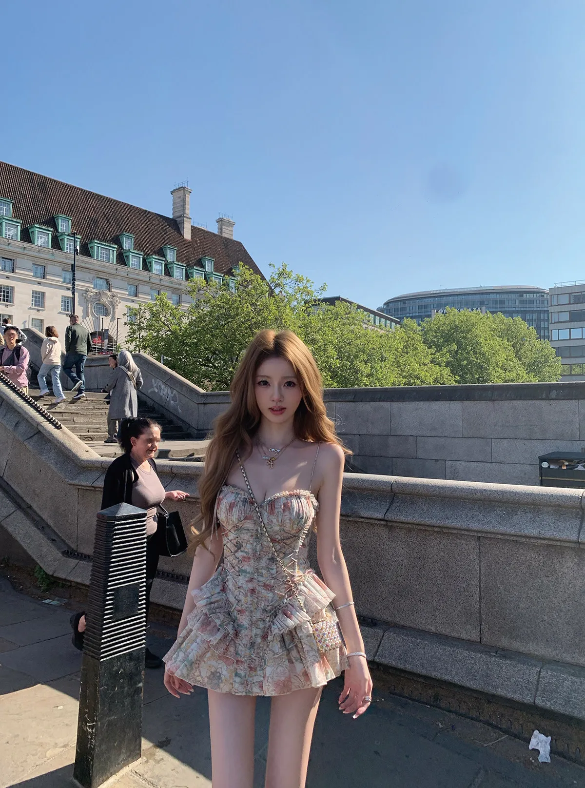 Summer French Vintage Elegant Mini Dress Women's Printed Thin Strap Strapless Slim Dress High Street Casual Sexy Party Dress