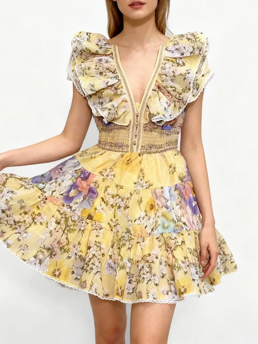 TWOTWINSTYLE Slimming Printing Spliced Ruffles Folds Elegant Dresses for Women V Neck Sleeveless High Waist Dress Female Clothes