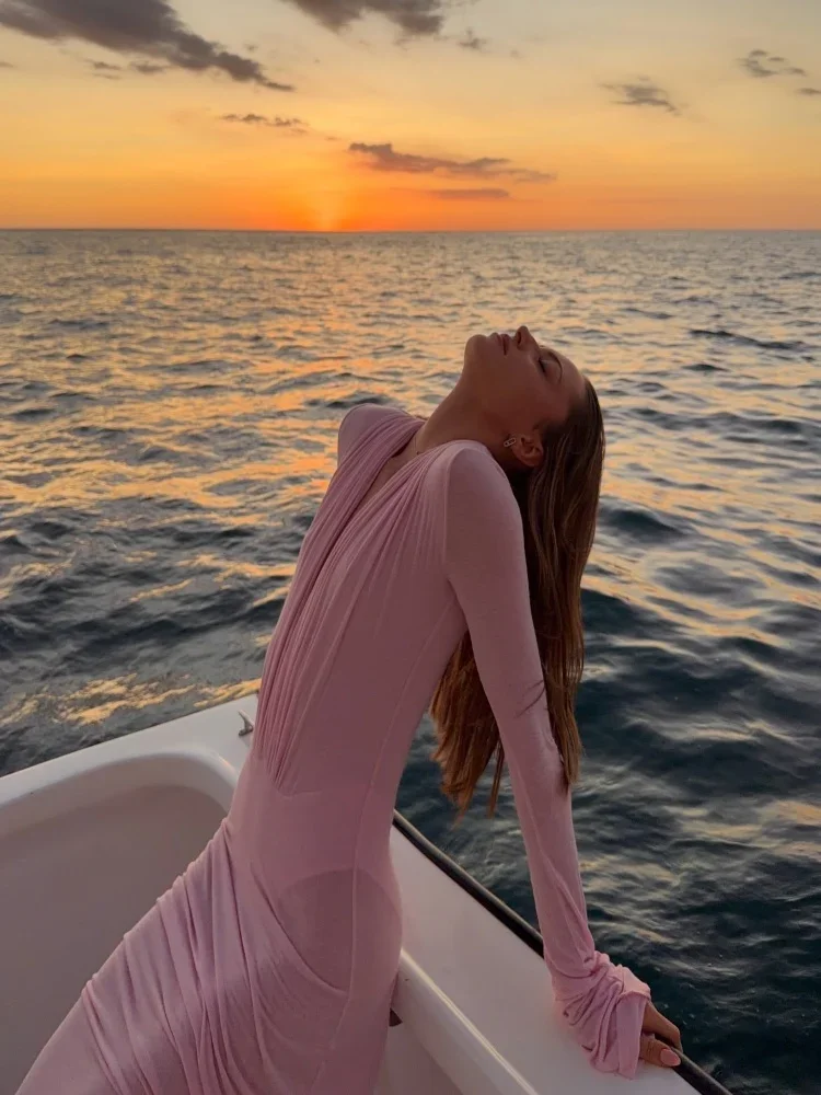 Luxury See Through Mesh Bodycon Maxi Dress For Women Lady Long Flared Cuff Deep V Neck Pleated Beach Holiday Evening Party Gown