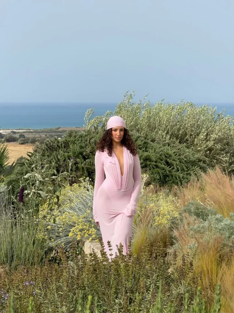 Luxury See Through Mesh Bodycon Maxi Dress For Women Lady Long Flared Cuff Deep V Neck Pleated Beach Holiday Evening Party Gown