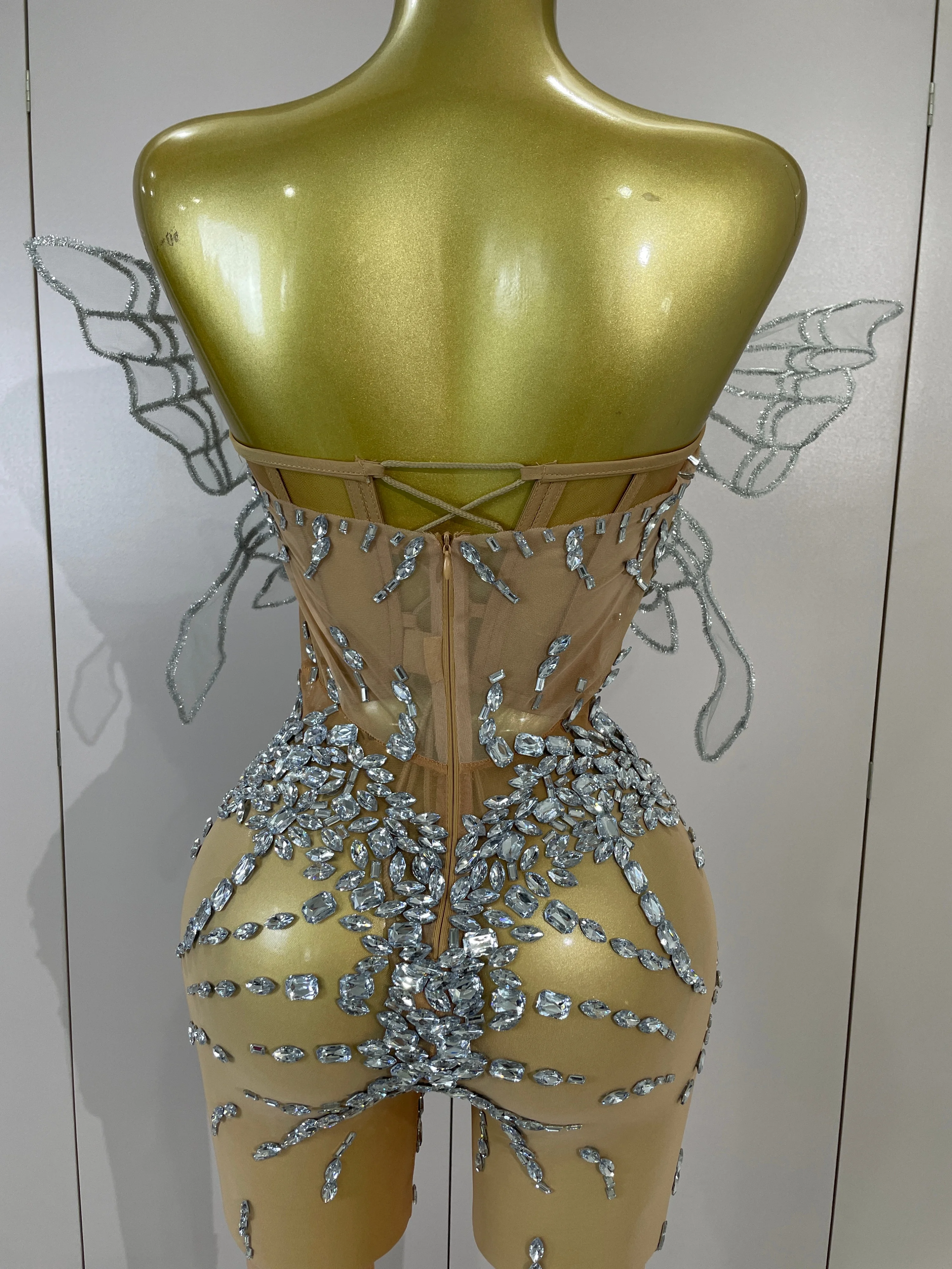 Sexy 3D Butterfly Strapless Mesh See Through Jumpsuit Sparkly Silver Diamond Eveing Party Birthday Bar Nightclub Stage Costumes