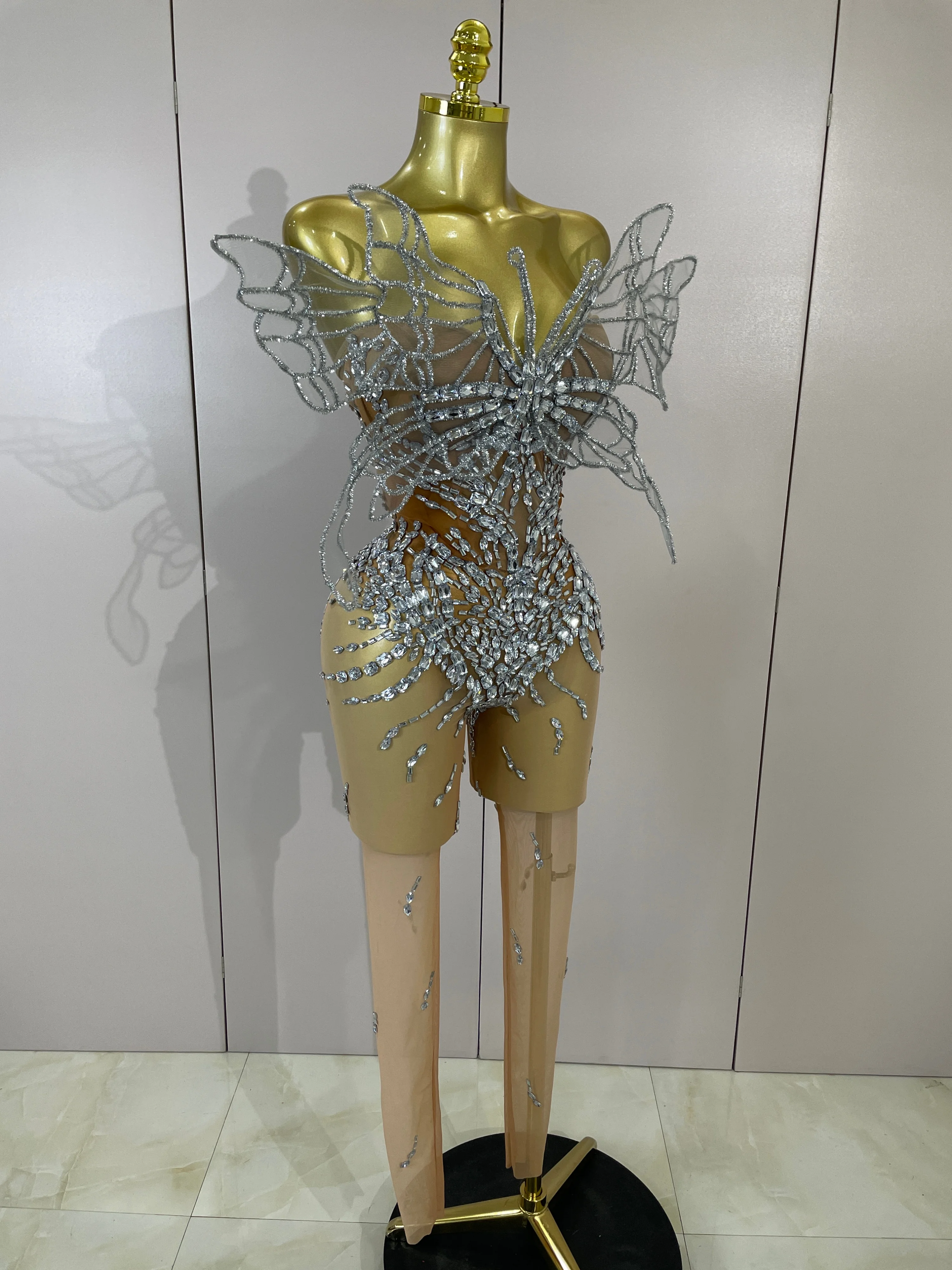 Sexy 3D Butterfly Strapless Mesh See Through Jumpsuit Sparkly Silver Diamond Eveing Party Birthday Bar Nightclub Stage Costumes