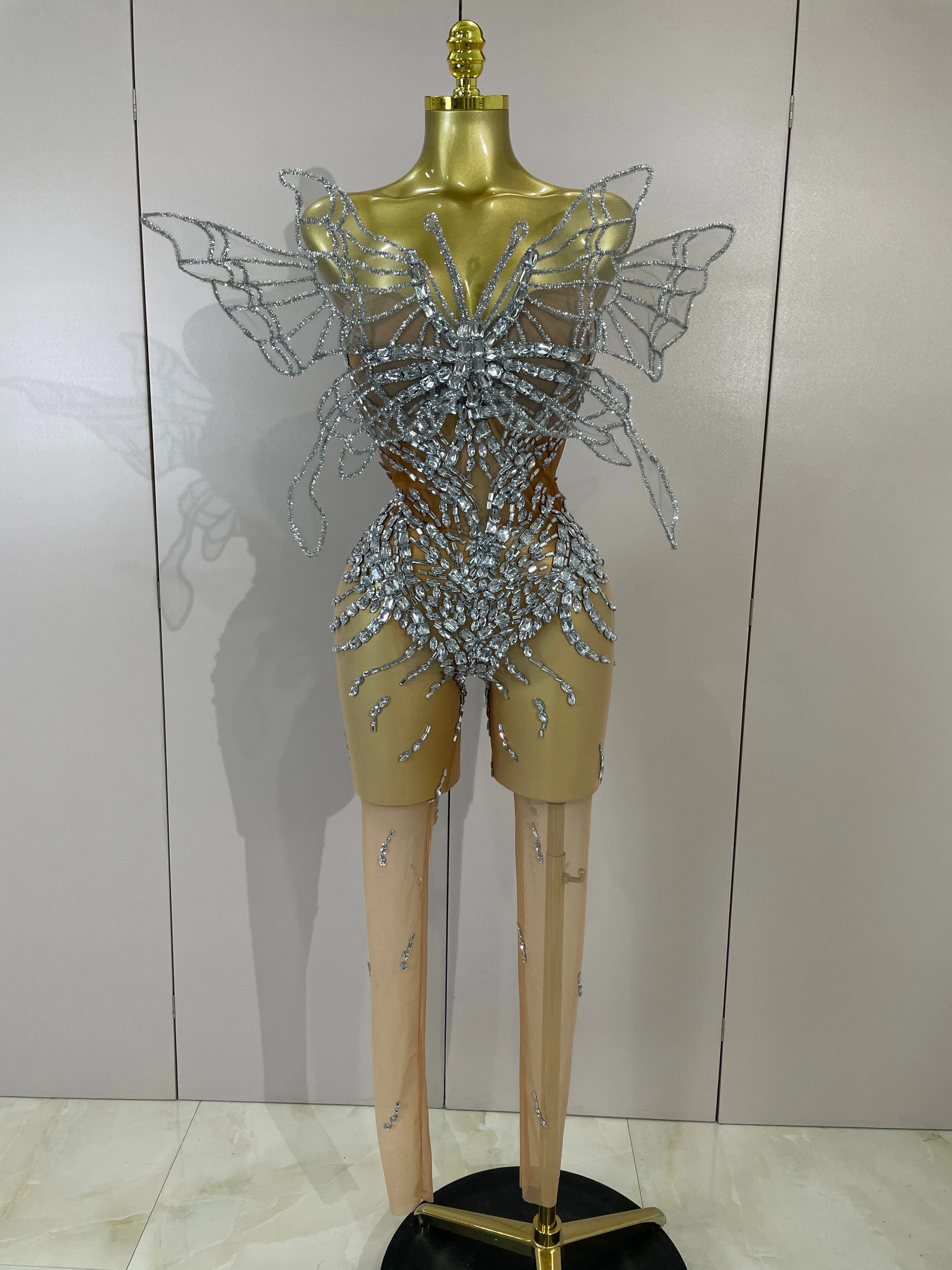 Sexy 3D Butterfly Strapless Mesh See Through Jumpsuit Sparkly Silver Diamond Eveing Party Birthday Bar Nightclub Stage Costumes