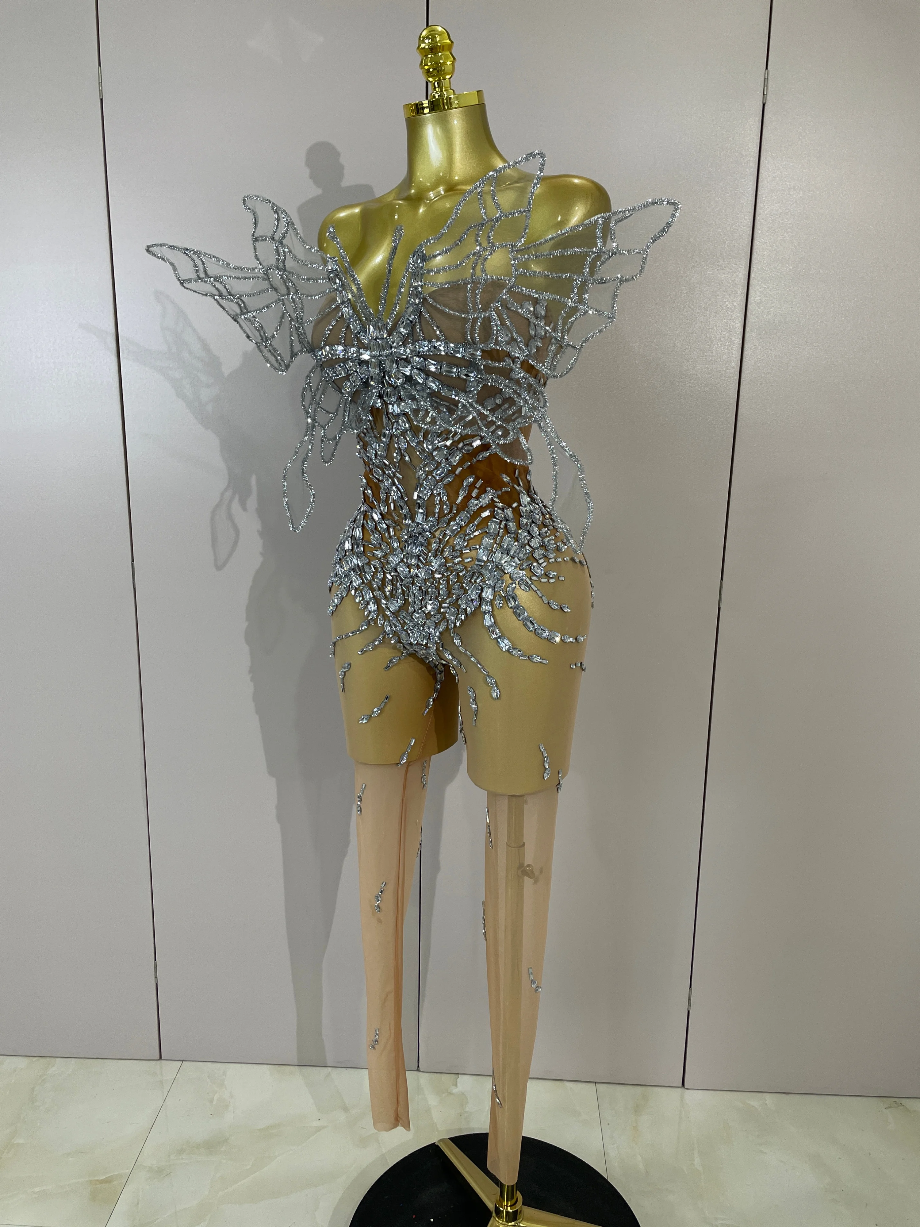 Sexy 3D Butterfly Strapless Mesh See Through Jumpsuit Sparkly Silver Diamond Eveing Party Birthday Bar Nightclub Stage Costumes