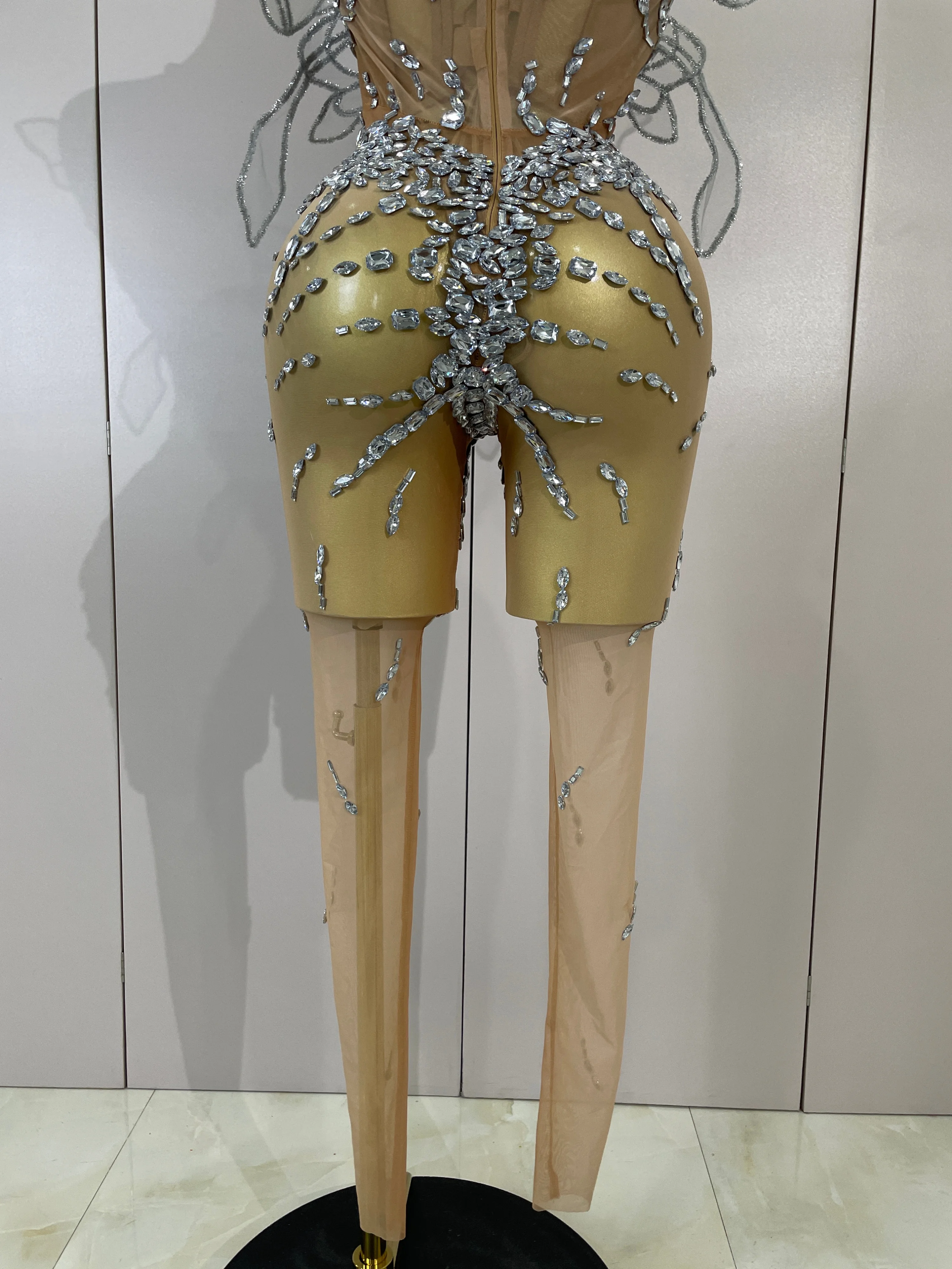 Sexy 3D Butterfly Strapless Mesh See Through Jumpsuit Sparkly Silver Diamond Eveing Party Birthday Bar Nightclub Stage Costumes