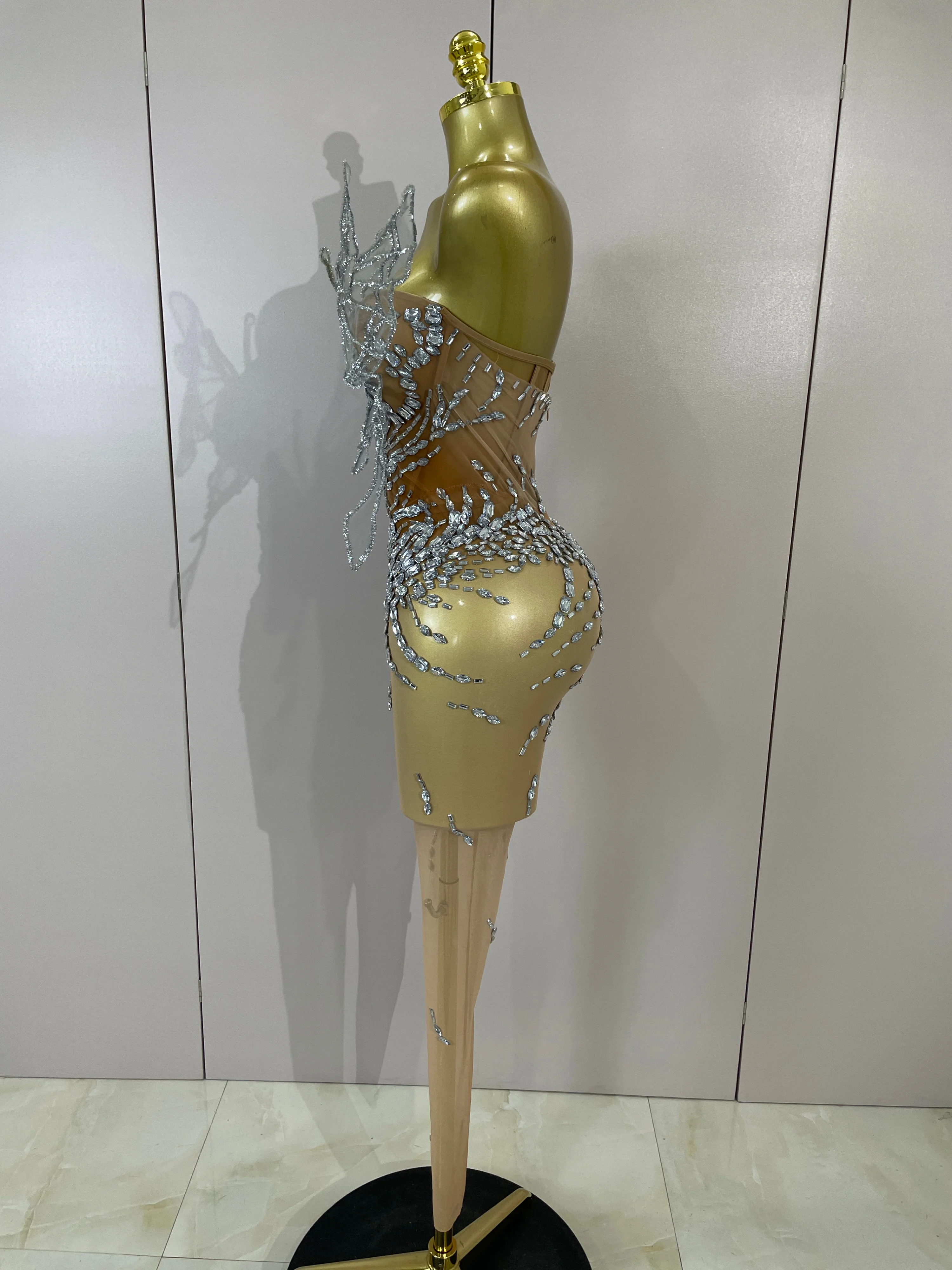 Sexy 3D Butterfly Strapless Mesh See Through Jumpsuit Sparkly Silver Diamond Eveing Party Birthday Bar Nightclub Stage Costumes