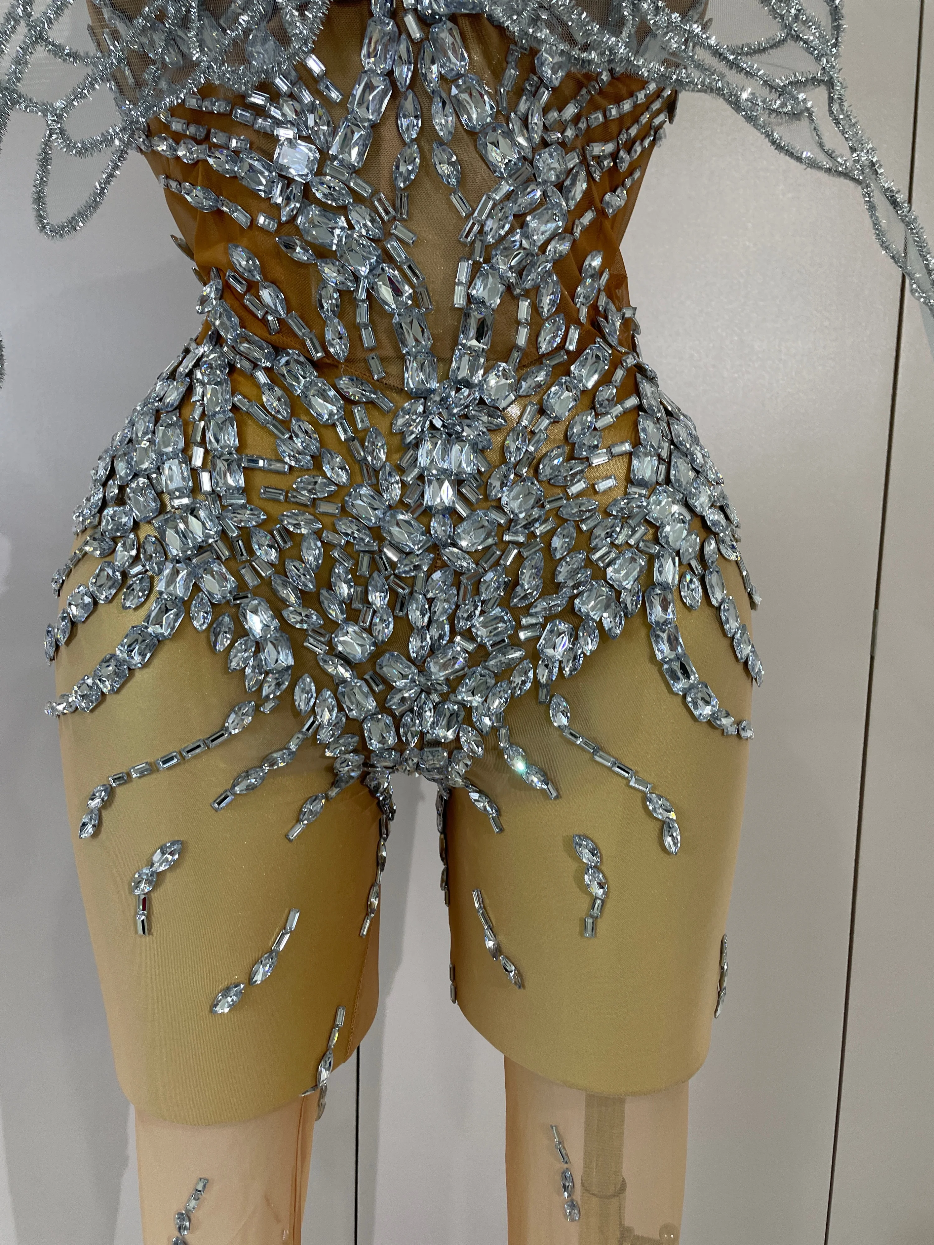 Sexy 3D Butterfly Strapless Mesh See Through Jumpsuit Sparkly Silver Diamond Eveing Party Birthday Bar Nightclub Stage Costumes