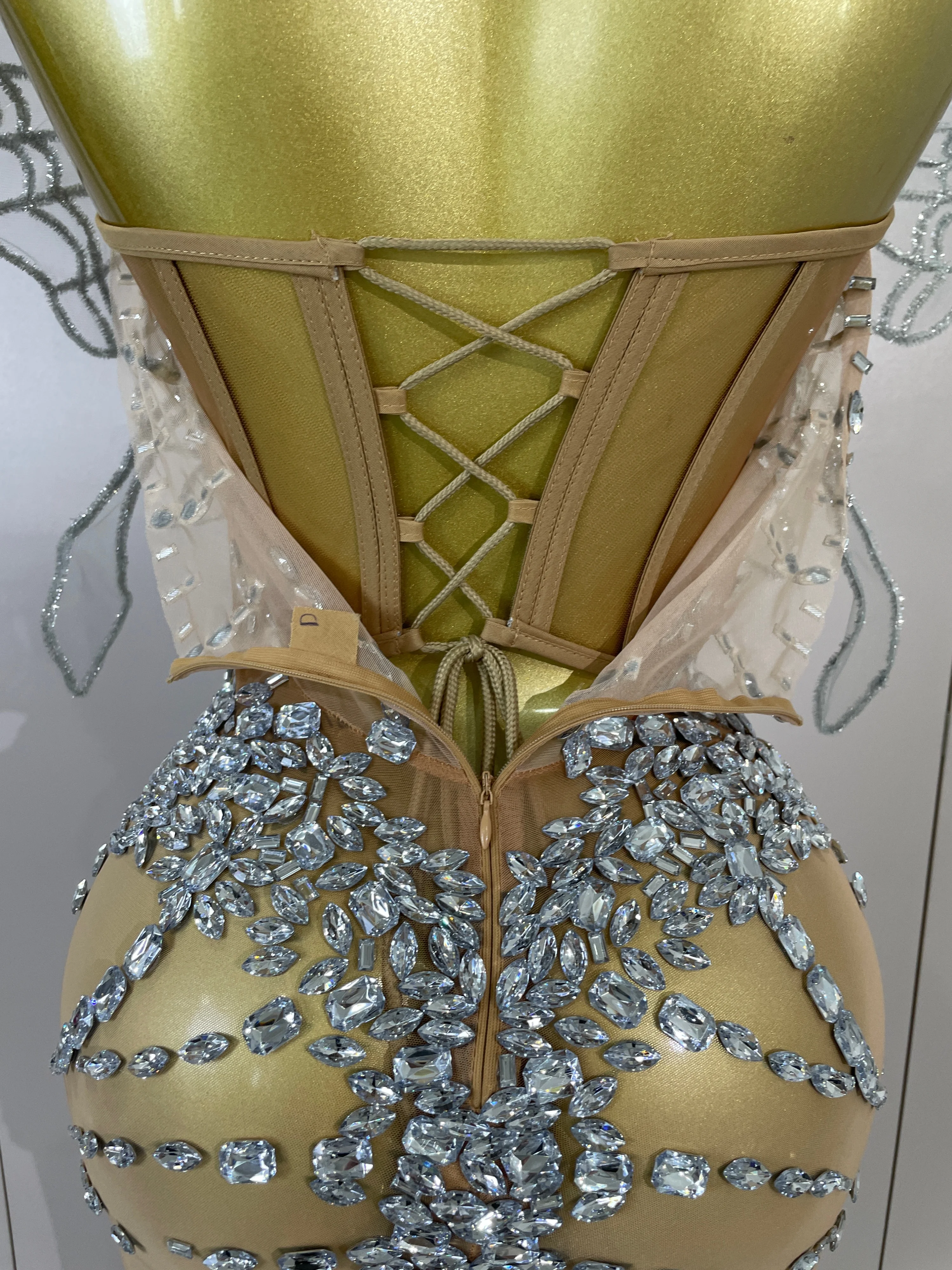 Sexy 3D Butterfly Strapless Mesh See Through Jumpsuit Sparkly Silver Diamond Eveing Party Birthday Bar Nightclub Stage Costumes