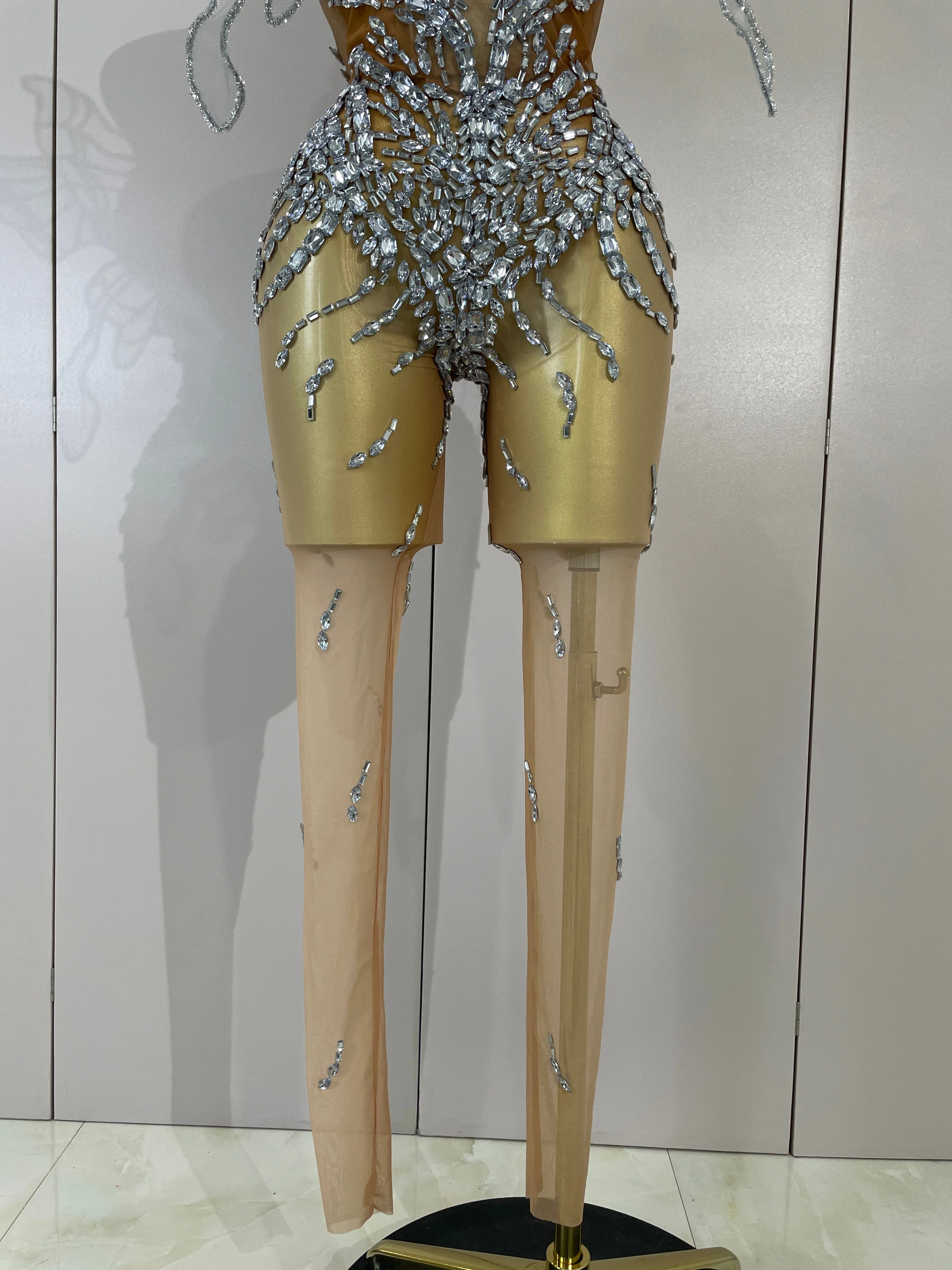 Sexy 3D Butterfly Strapless Mesh See Through Jumpsuit Sparkly Silver Diamond Eveing Party Birthday Bar Nightclub Stage Costumes