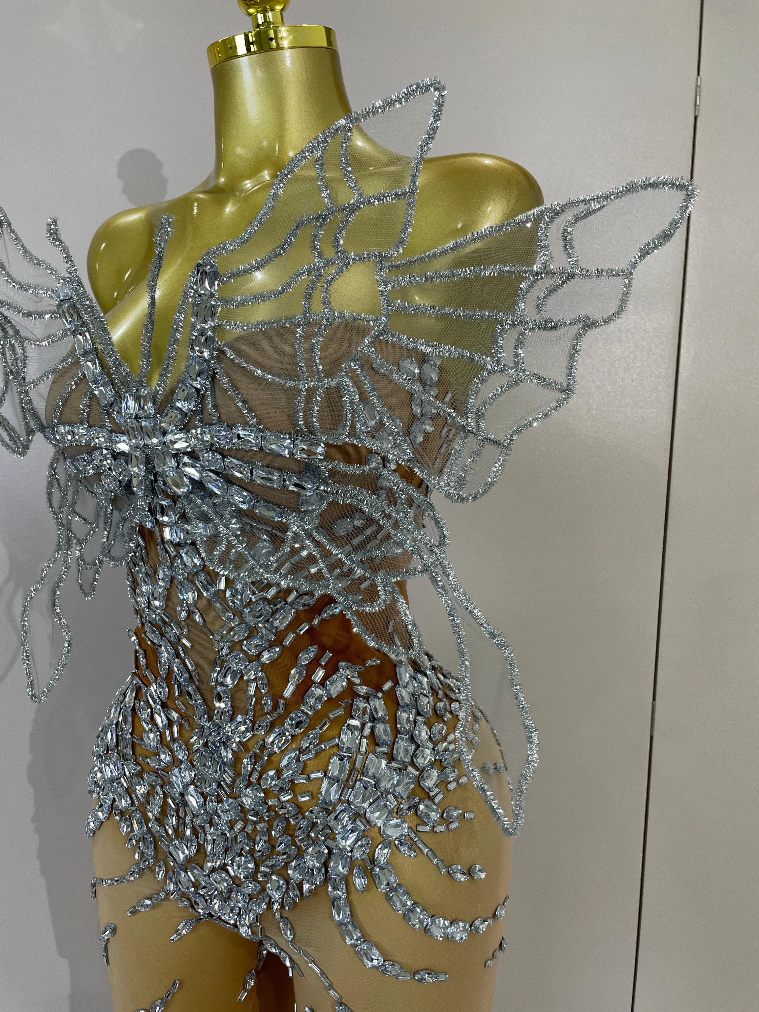 Sexy 3D Butterfly Strapless Mesh See Through Jumpsuit Sparkly Silver Diamond Eveing Party Birthday Bar Nightclub Stage Costumes