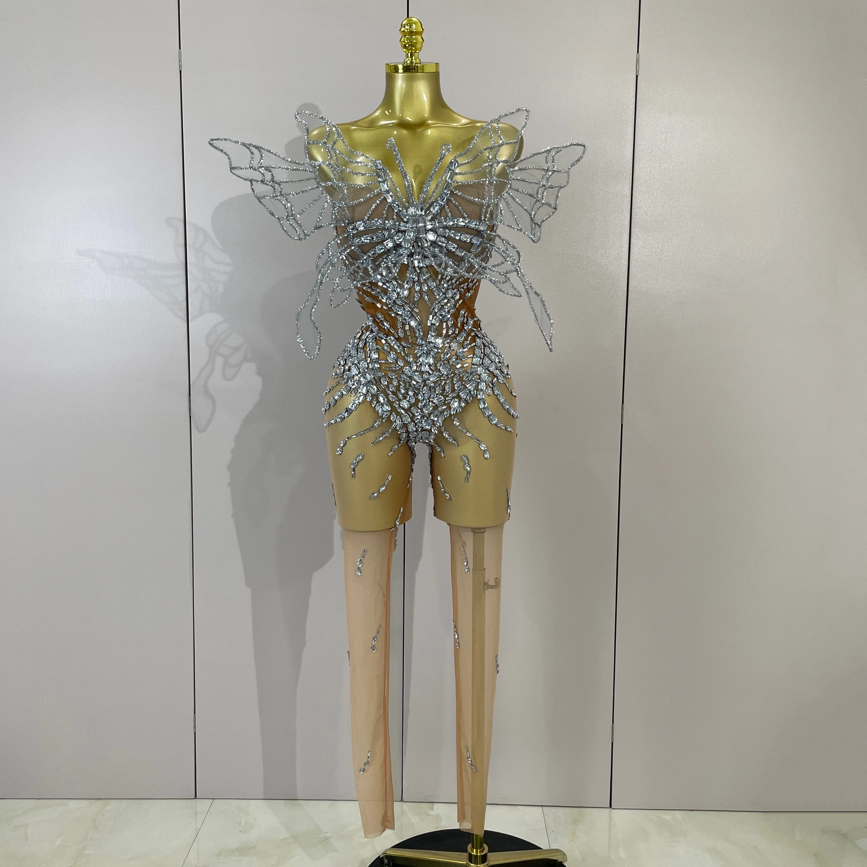 Sexy 3D Butterfly Strapless Mesh See Through Jumpsuit Sparkly Silver Diamond Eveing Party Birthday Bar Nightclub Stage Costumes