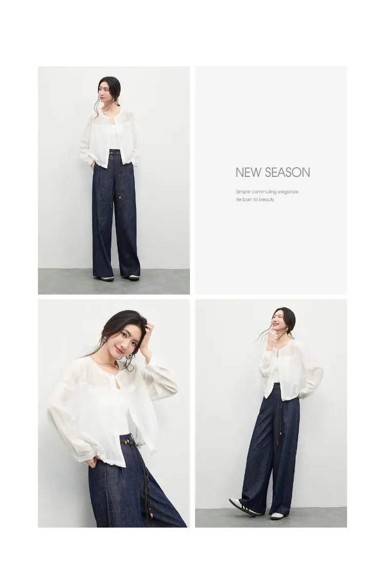 SENTUBILA Women's Lyocell White Shirt 2026 Spring Summer Round Neck Long Sleeve Drawstring Sheer Casual Top 161WB5014