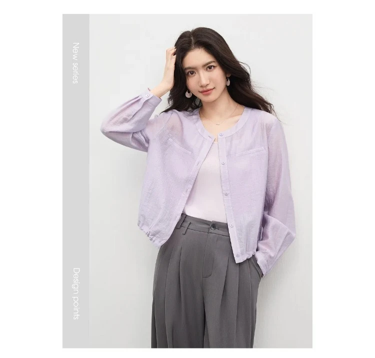 SENTUBILA Women's Lyocell White Shirt 2026 Spring Summer Round Neck Long Sleeve Drawstring Sheer Casual Top 161WB5014