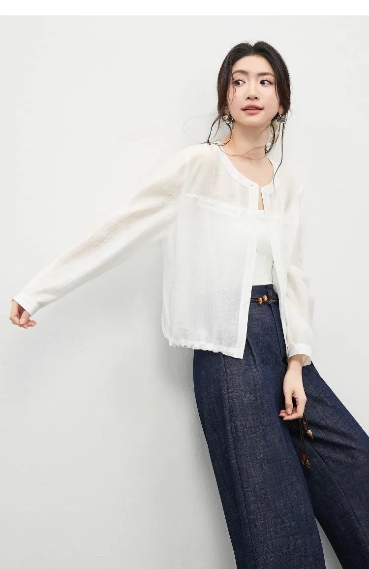 SENTUBILA Women's Lyocell White Shirt 2026 Spring Summer Round Neck Long Sleeve Drawstring Sheer Casual Top 161WB5014