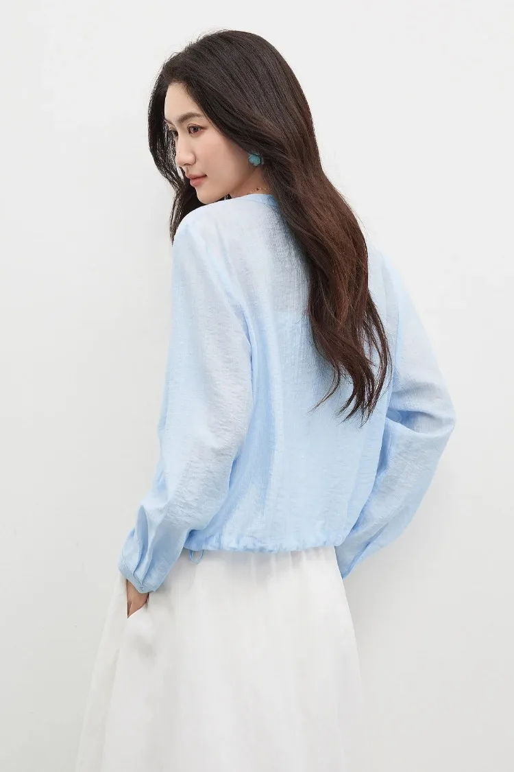 SENTUBILA Women's Lyocell White Shirt 2026 Spring Summer Round Neck Long Sleeve Drawstring Sheer Casual Top 161WB5014