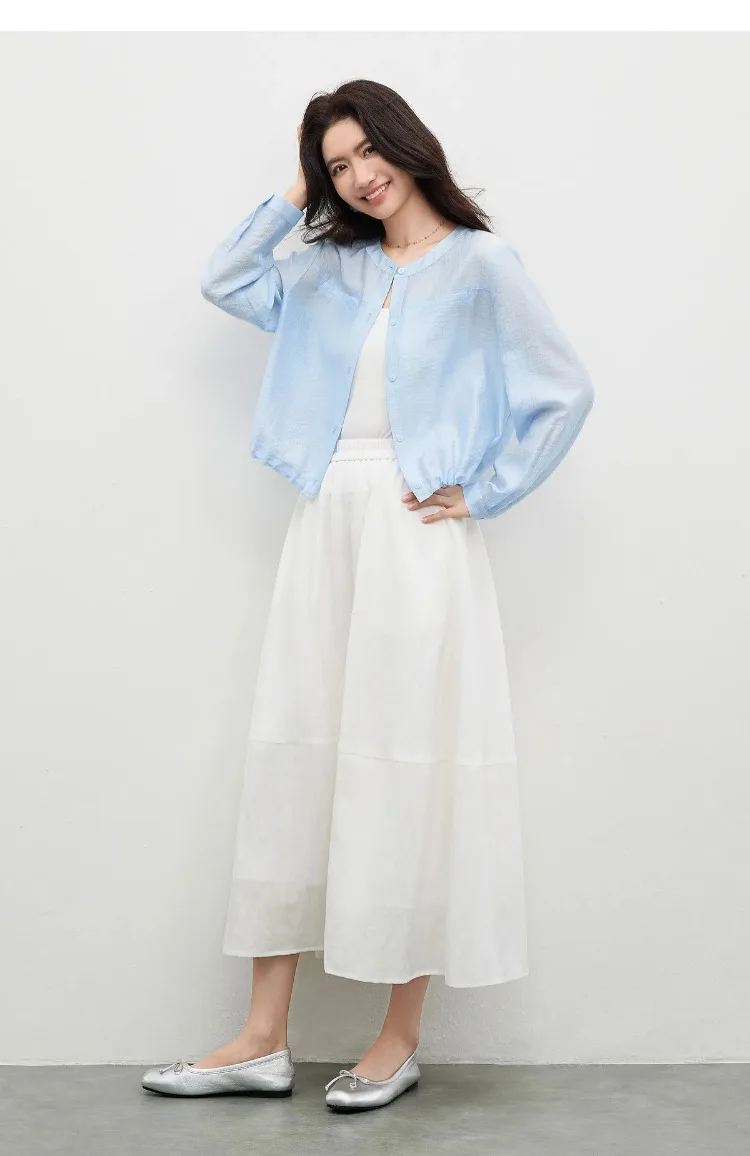 SENTUBILA Women's Lyocell White Shirt 2026 Spring Summer Round Neck Long Sleeve Drawstring Sheer Casual Top 161WB5014