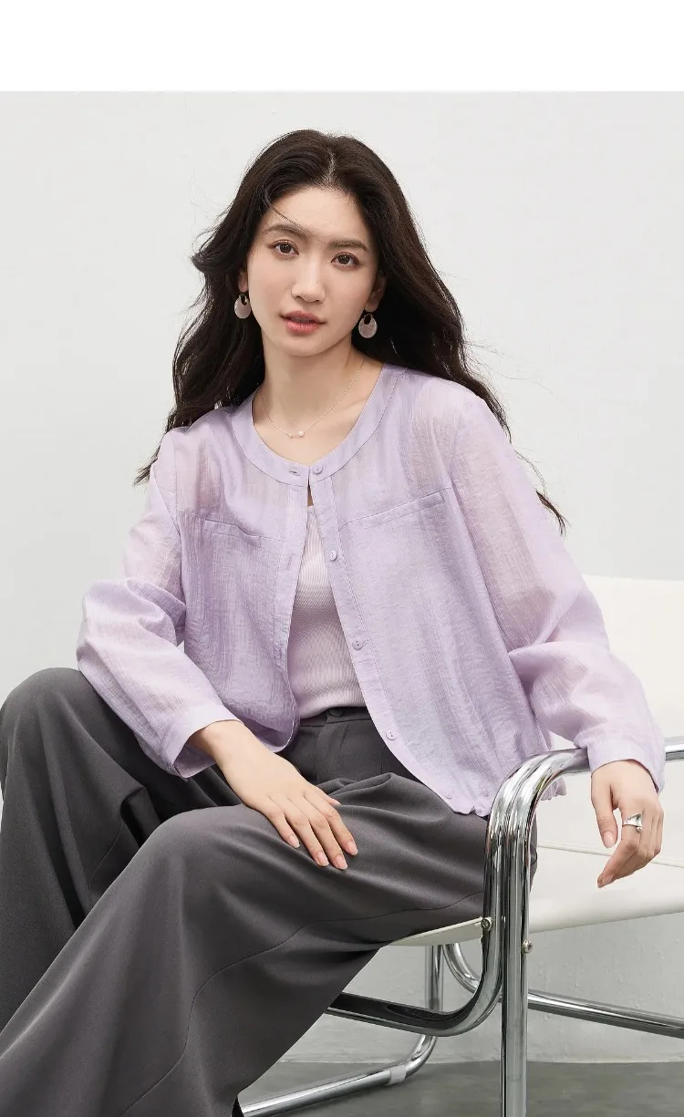 SENTUBILA Women's Lyocell White Shirt 2026 Spring Summer Round Neck Long Sleeve Drawstring Sheer Casual Top 161WB5014