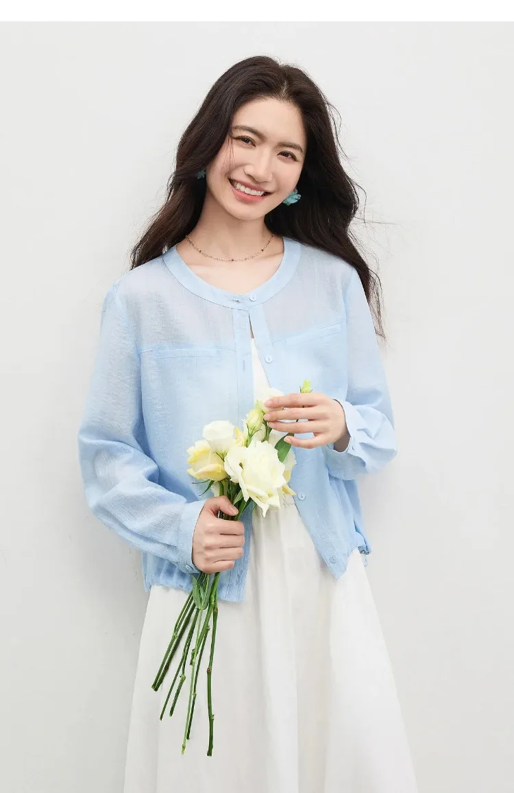 SENTUBILA Women's Lyocell White Shirt 2026 Spring Summer Round Neck Long Sleeve Drawstring Sheer Casual Top 161WB5014