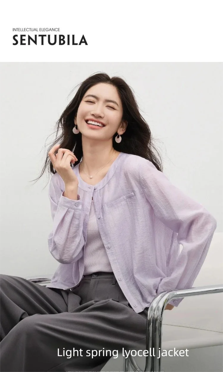 SENTUBILA Women's Lyocell White Shirt 2026 Spring Summer Round Neck Long Sleeve Drawstring Sheer Casual Top 161WB5014