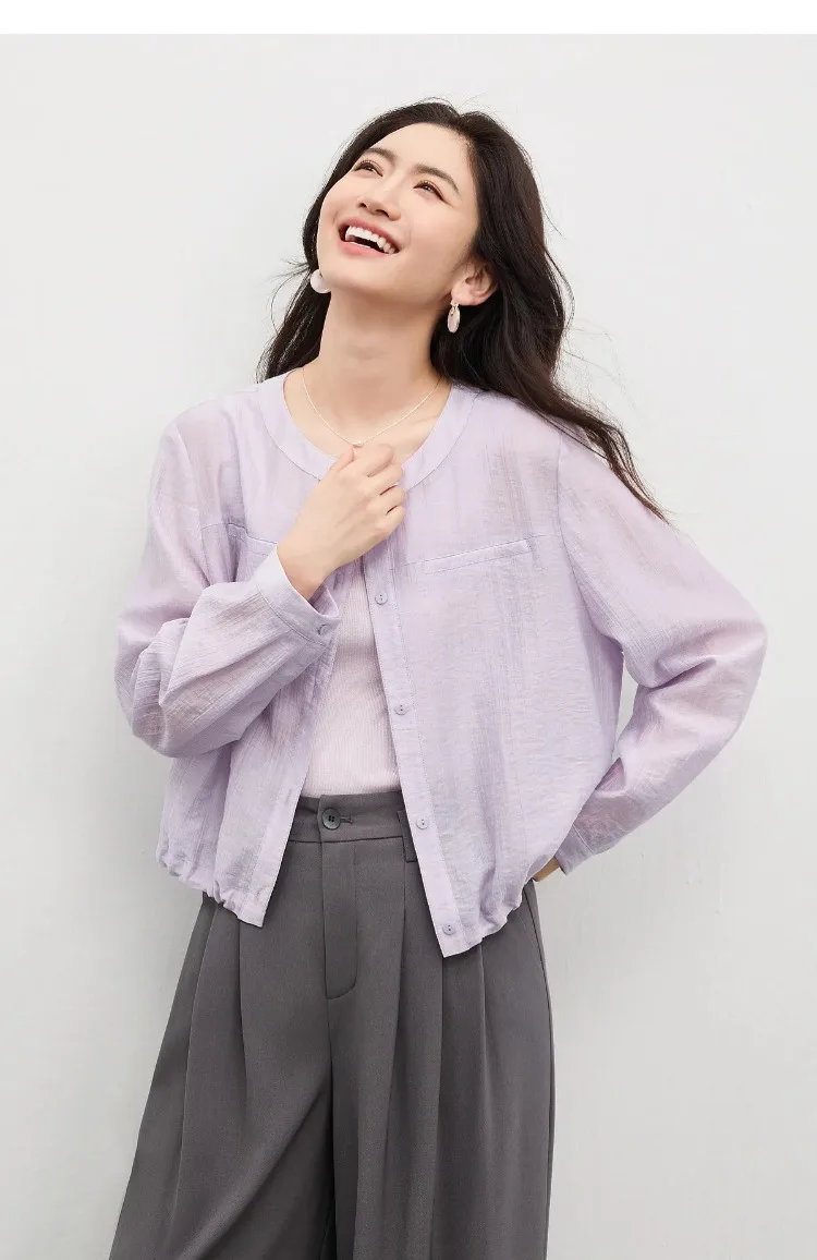 SENTUBILA Women's Lyocell White Shirt 2026 Spring Summer Round Neck Long Sleeve Drawstring Sheer Casual Top 161WB5014