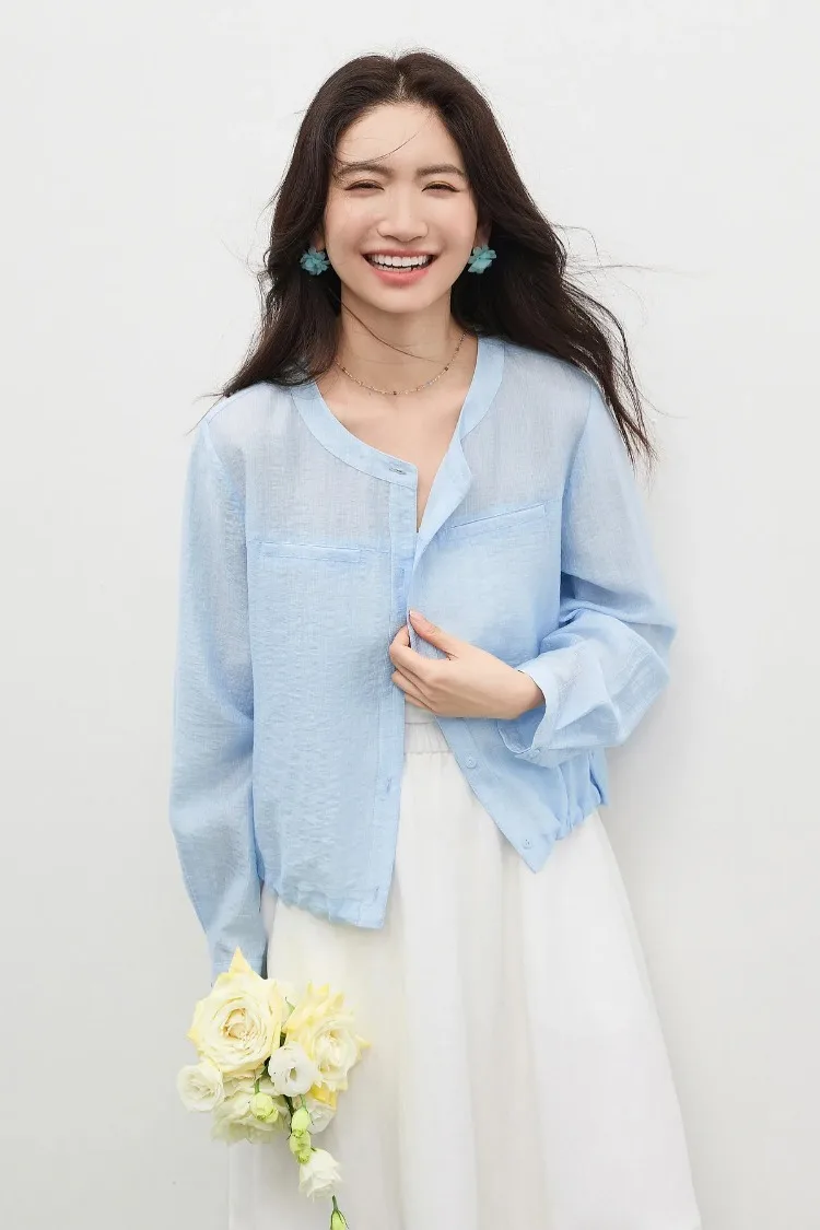 SENTUBILA Women's Lyocell White Shirt 2026 Spring Summer Round Neck Long Sleeve Drawstring Sheer Casual Top 161WB5014