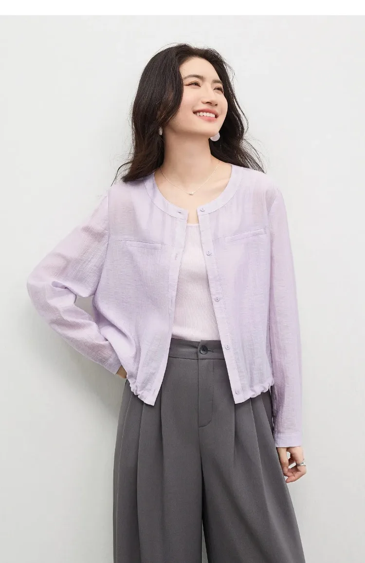 SENTUBILA Women's Lyocell White Shirt 2026 Spring Summer Round Neck Long Sleeve Drawstring Sheer Casual Top 161WB5014