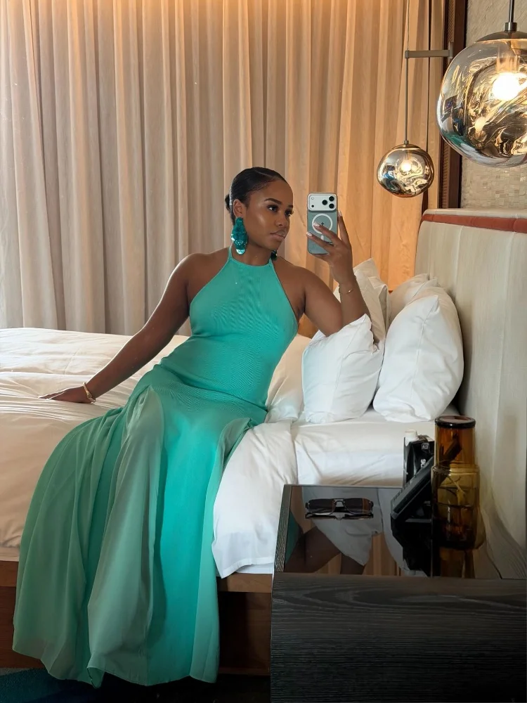 Women's Halter Neck Open Back Maxi Dress Ribbed Knit Top Flowy Chiffon Hem Bodycon Female Summer Evening Vacation Party Dress