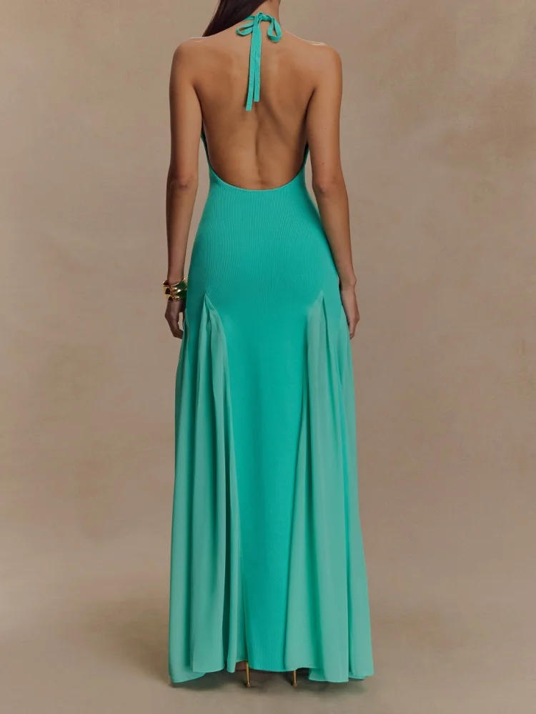 Women's Halter Neck Open Back Maxi Dress Ribbed Knit Top Flowy Chiffon Hem Bodycon Female Summer Evening Vacation Party Dress