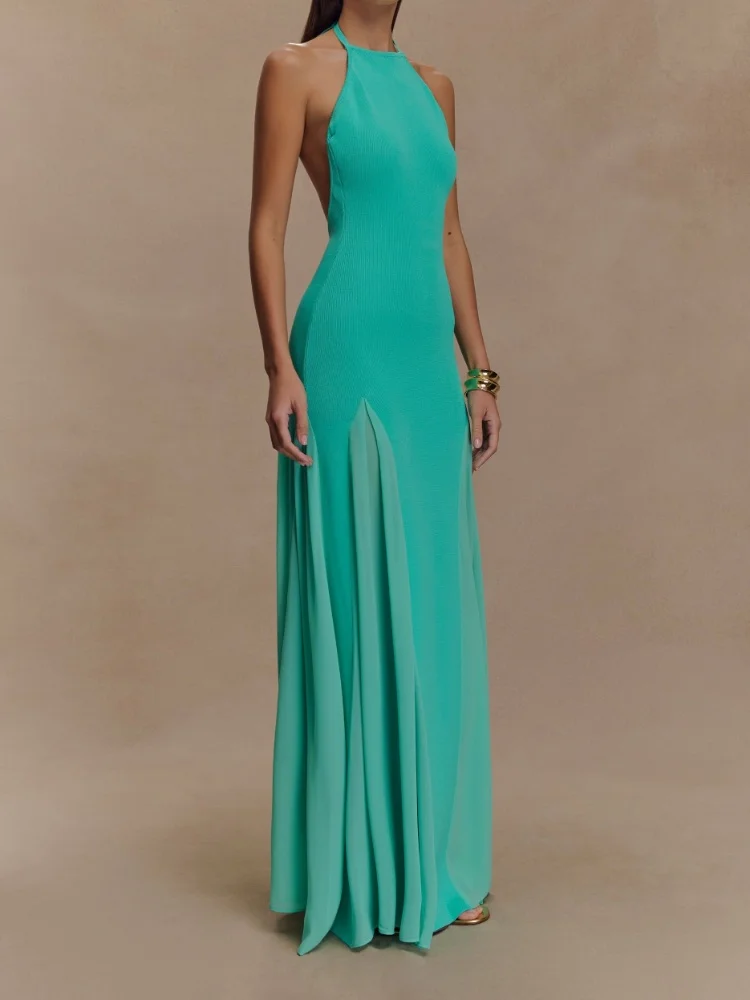 Women's Halter Neck Open Back Maxi Dress Ribbed Knit Top Flowy Chiffon Hem Bodycon Female Summer Evening Vacation Party Dress