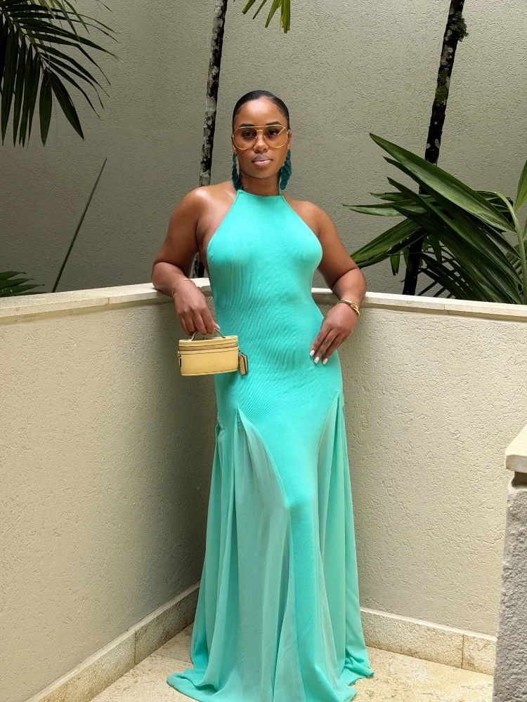 Women's Halter Neck Open Back Maxi Dress Ribbed Knit Top Flowy Chiffon Hem Bodycon Female Summer Evening Vacation Party Dress