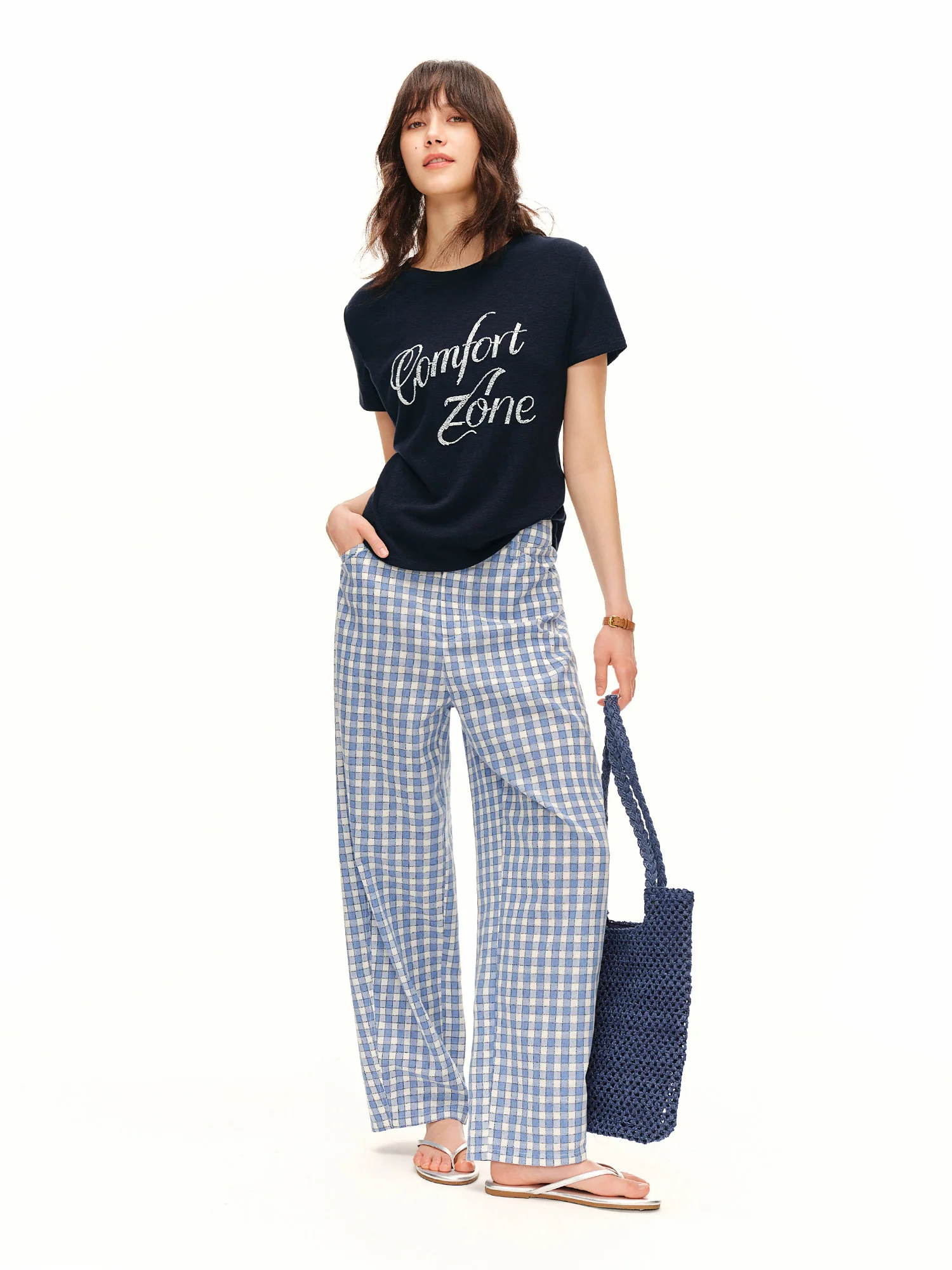 DUSHU 2026 Summer Women's Blue Plaid Barrel Leg Pants Relaxed Straight Fit - Casual Everyday Style for Summer Wear