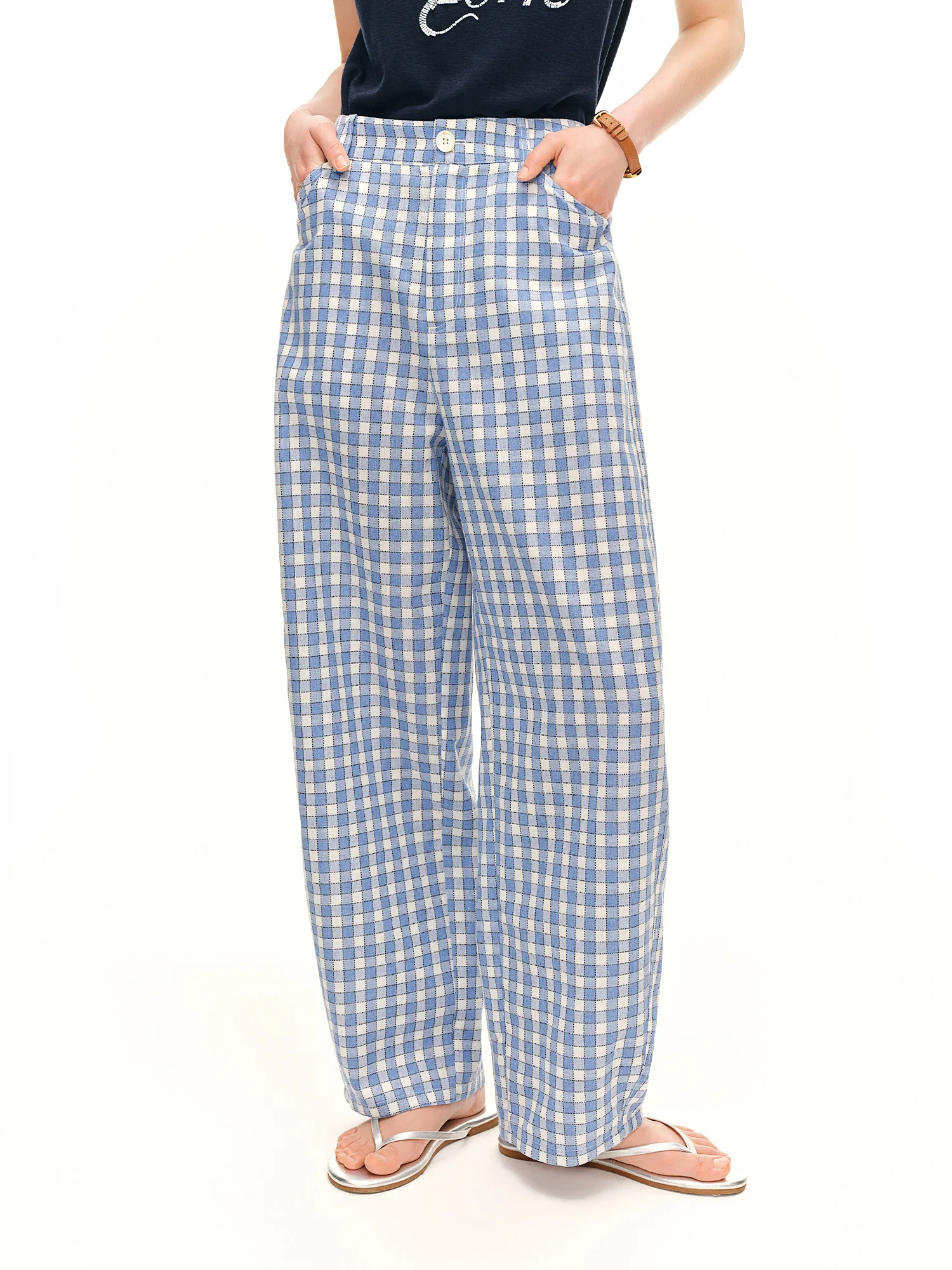 DUSHU 2026 Summer Women's Blue Plaid Barrel Leg Pants Relaxed Straight Fit - Casual Everyday Style for Summer Wear