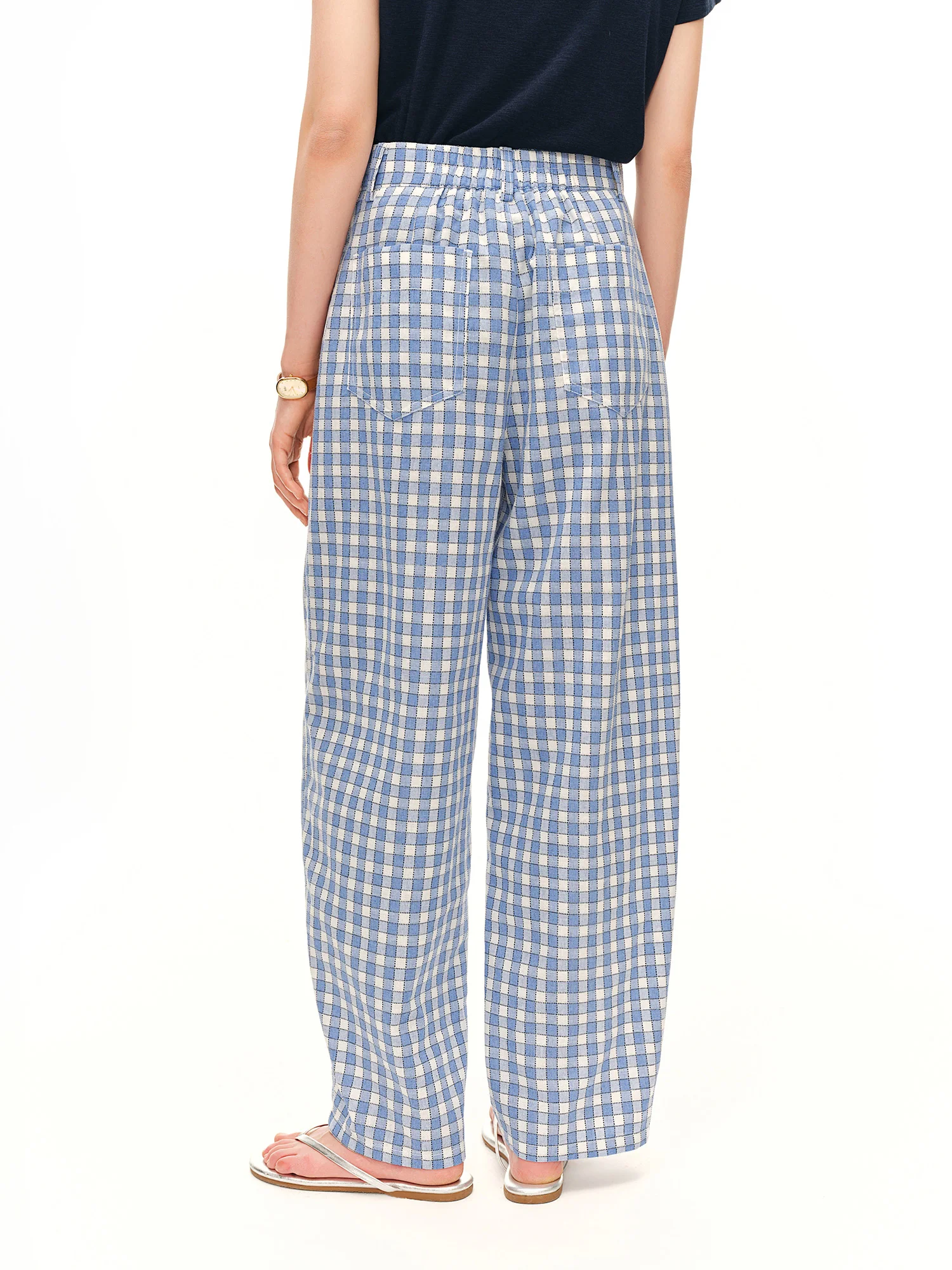 DUSHU 2026 Summer Women's Blue Plaid Barrel Leg Pants Relaxed Straight Fit - Casual Everyday Style for Summer Wear