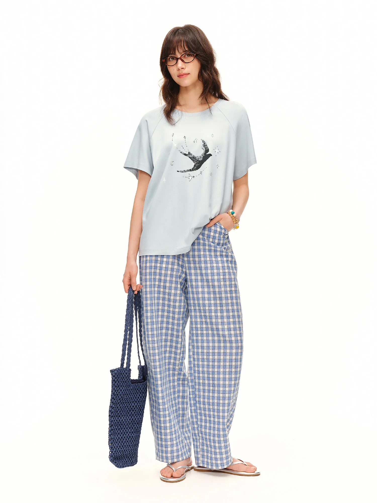 DUSHU 2026 Summer Women's Blue Plaid Barrel Leg Pants Relaxed Straight Fit - Casual Everyday Style for Summer Wear