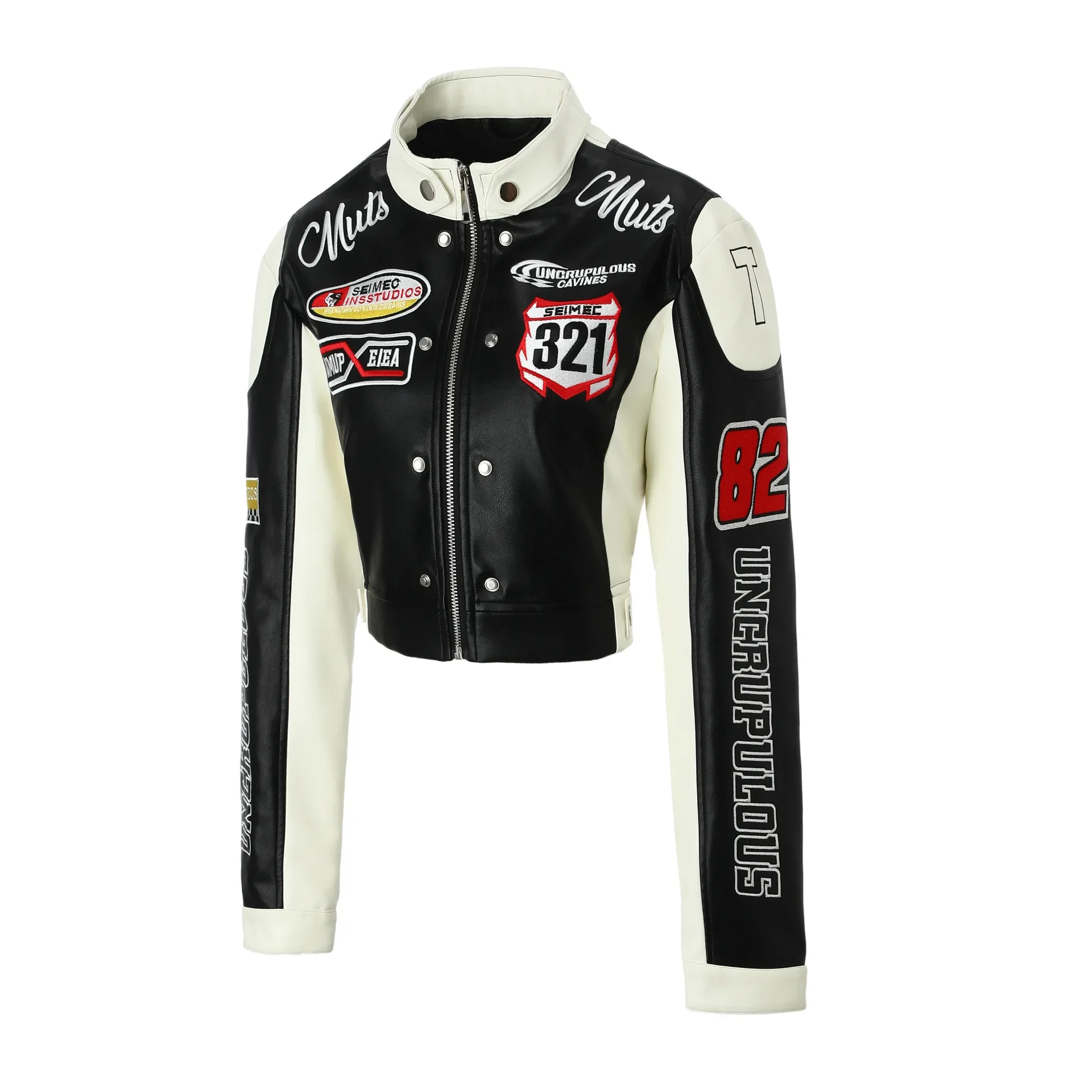 Embroidered PU Leather Racing Jacket Women Luxury Spliced Short Biker Jacket Motorcycle Outerwears Spring Autumn Women Clothes