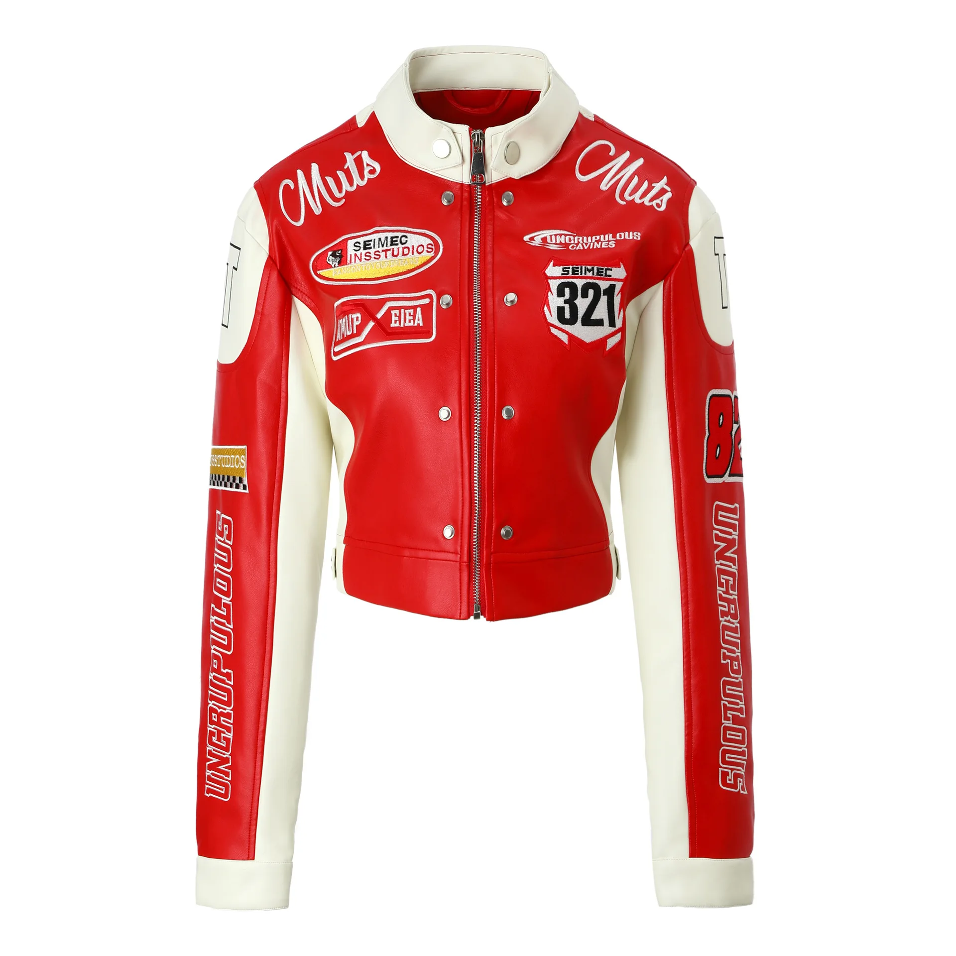 Embroidered PU Leather Racing Jacket Women Luxury Spliced Short Biker Jacket Motorcycle Outerwears Spring Autumn Women Clothes