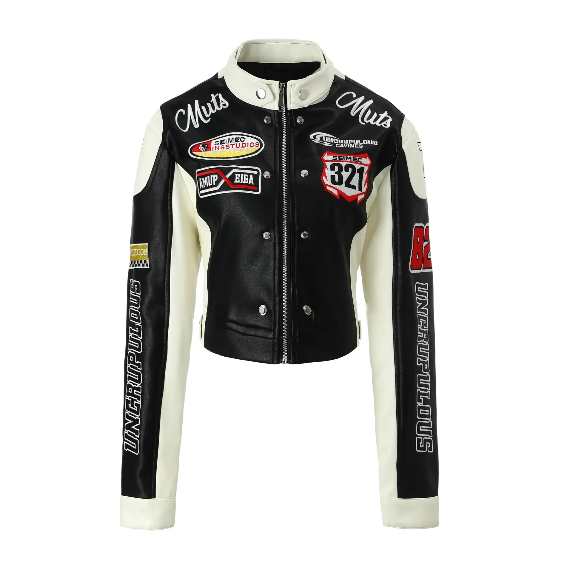 Embroidered PU Leather Racing Jacket Women Luxury Spliced Short Biker Jacket Motorcycle Outerwears Spring Autumn Women Clothes