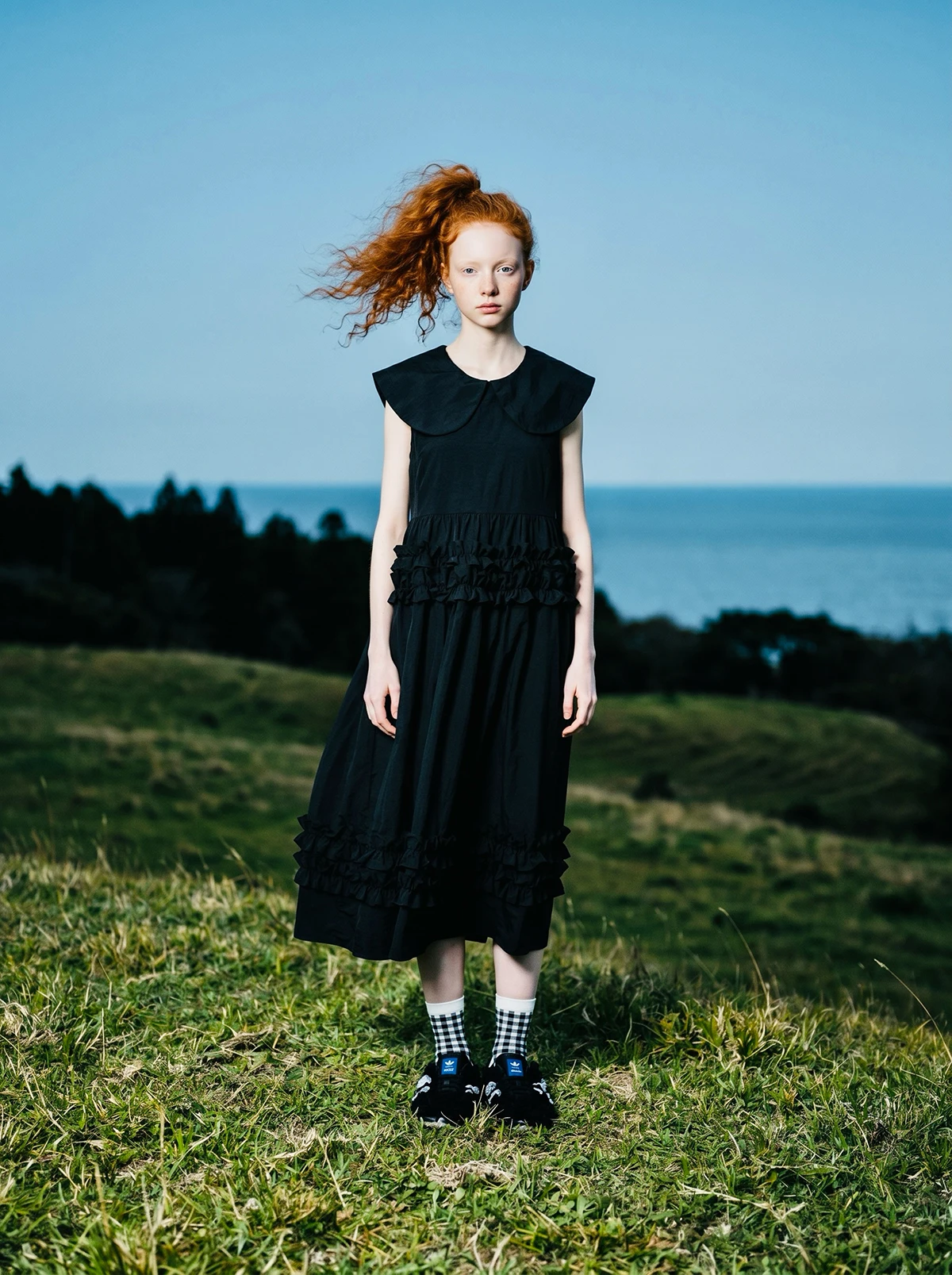 Black temperament dress, women's imakokoni original, summer casual art texture, doll neck sleeveless mid length skirt 265573