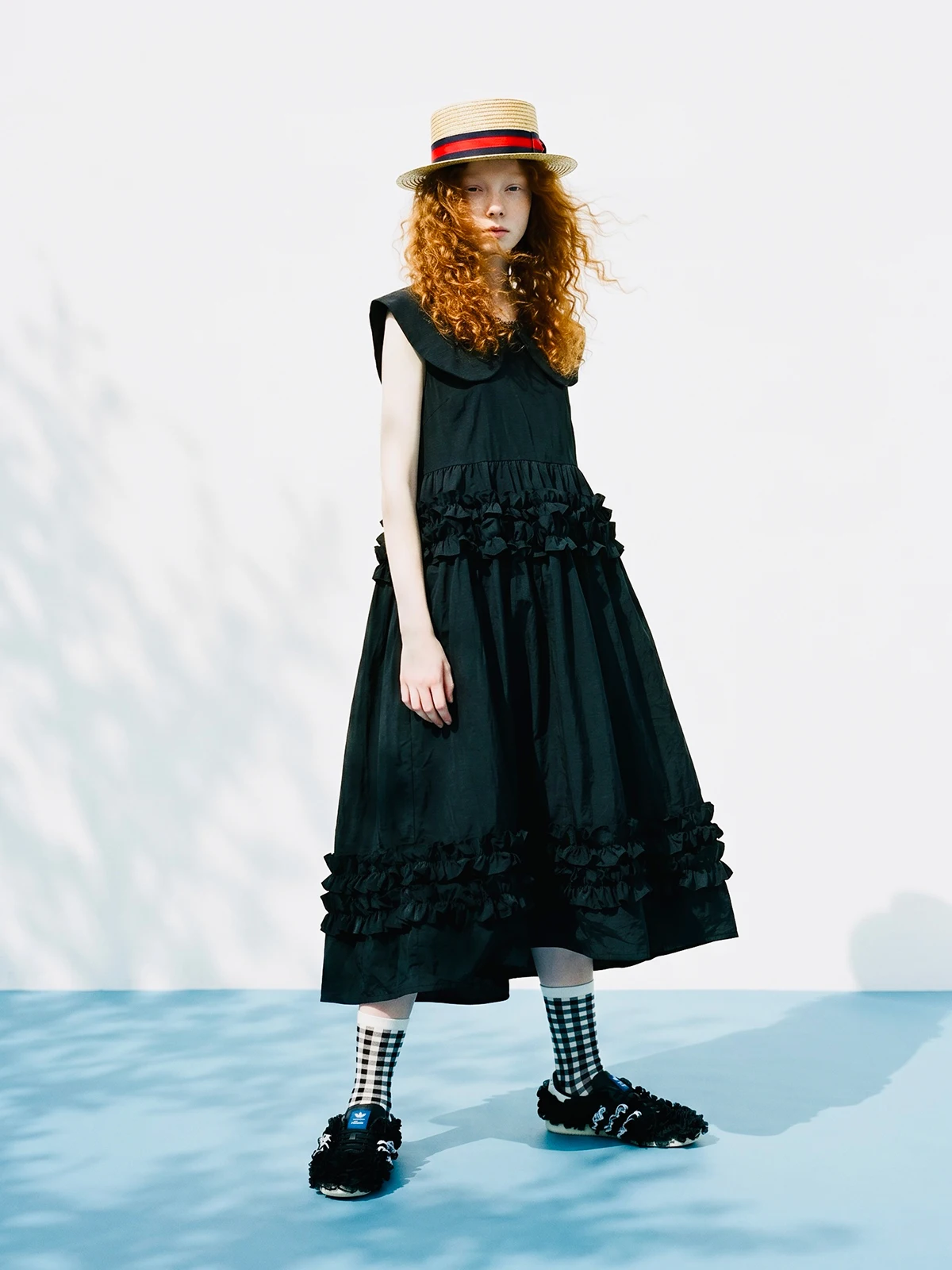 Black temperament dress, women's imakokoni original, summer casual art texture, doll neck sleeveless mid length skirt 265573