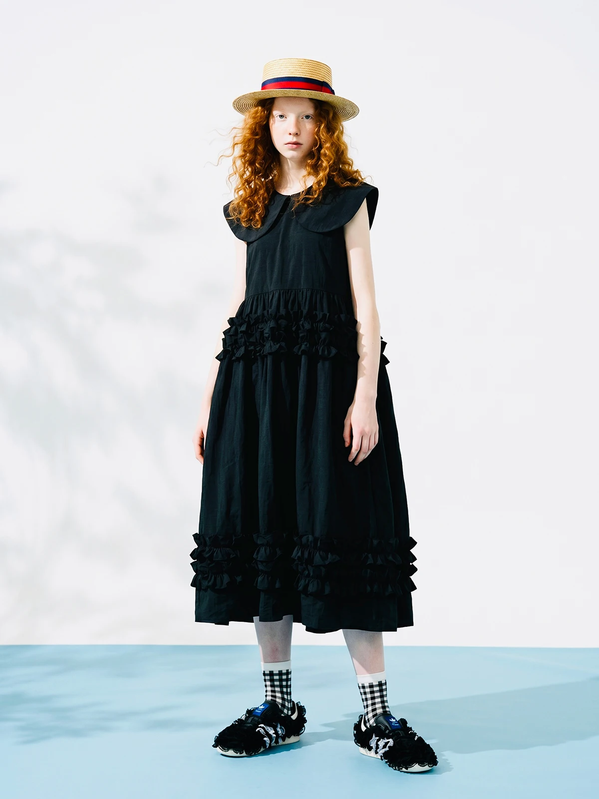 Black temperament dress, women's imakokoni original, summer casual art texture, doll neck sleeveless mid length skirt 265573