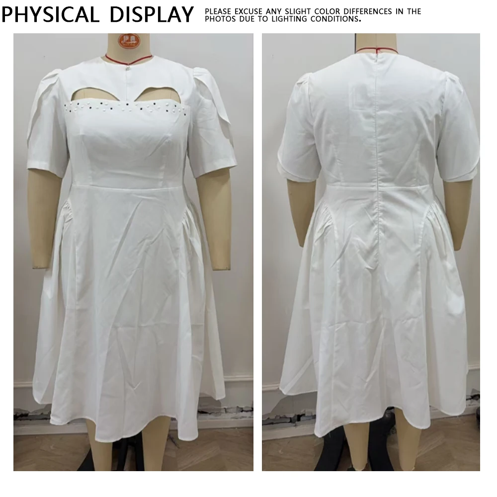 Elegant White Cutout Puff Sleeve Mini Dress Luxury Rhinestone Beading High Waist A-Line Party Dress Trendy Summer Club Vestidos