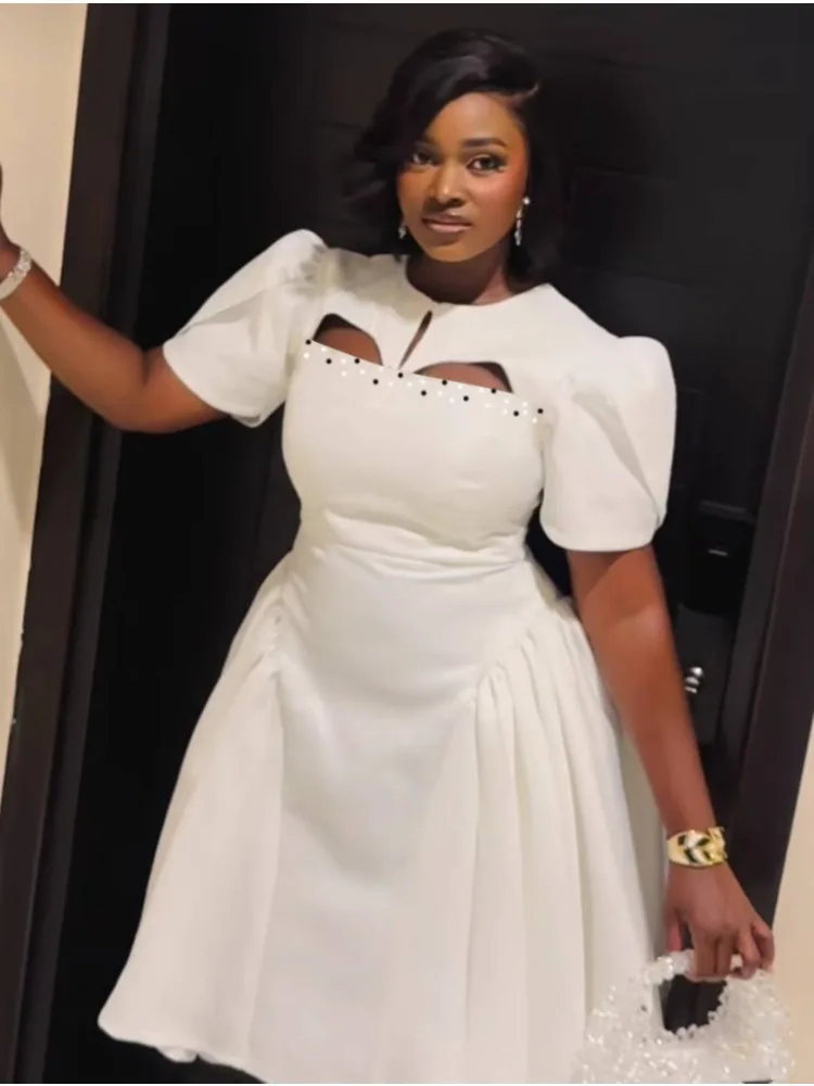 Elegant White Cutout Puff Sleeve Mini Dress Luxury Rhinestone Beading High Waist A-Line Party Dress Trendy Summer Club Vestidos