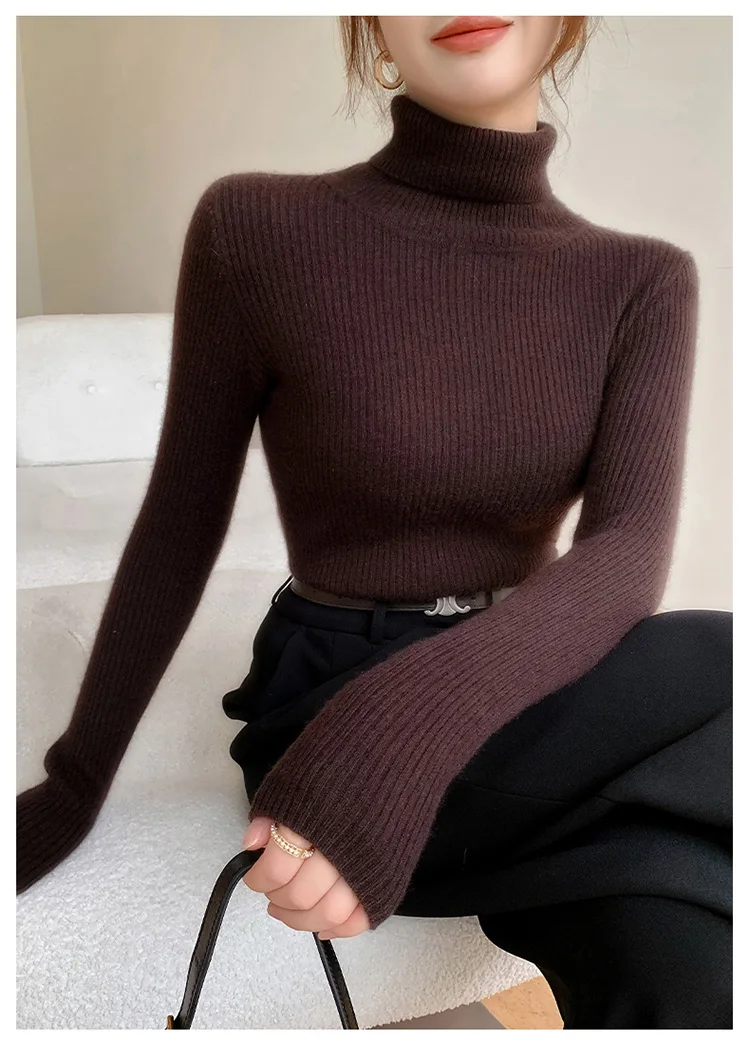100% Cashmere Sweater Women's Knitted Pullover Sweater High Neck Solid Color Slim Fit Soft Cashmere Basic Women's Sweater