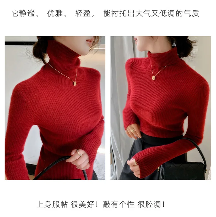 100% Cashmere Sweater Women's Knitted Pullover Sweater High Neck Solid Color Slim Fit Soft Cashmere Basic Women's Sweater