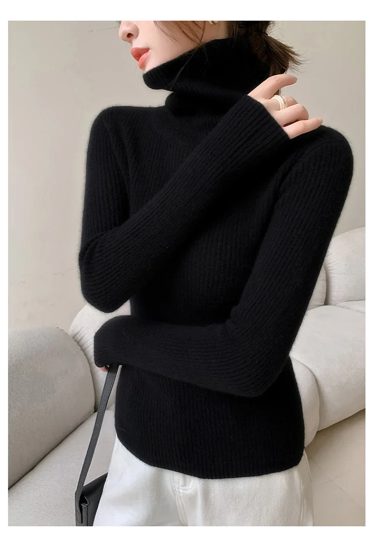 100% Cashmere Sweater Women's Knitted Pullover Sweater High Neck Solid Color Slim Fit Soft Cashmere Basic Women's Sweater