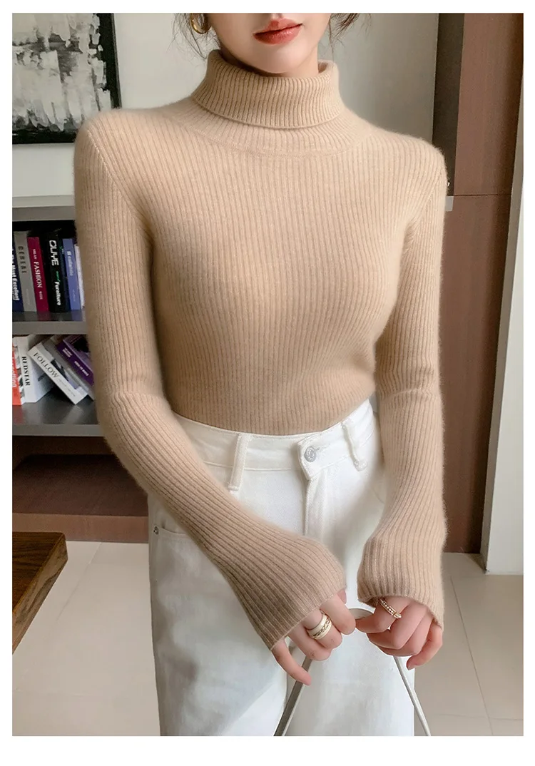 100% Cashmere Sweater Women's Knitted Pullover Sweater High Neck Solid Color Slim Fit Soft Cashmere Basic Women's Sweater