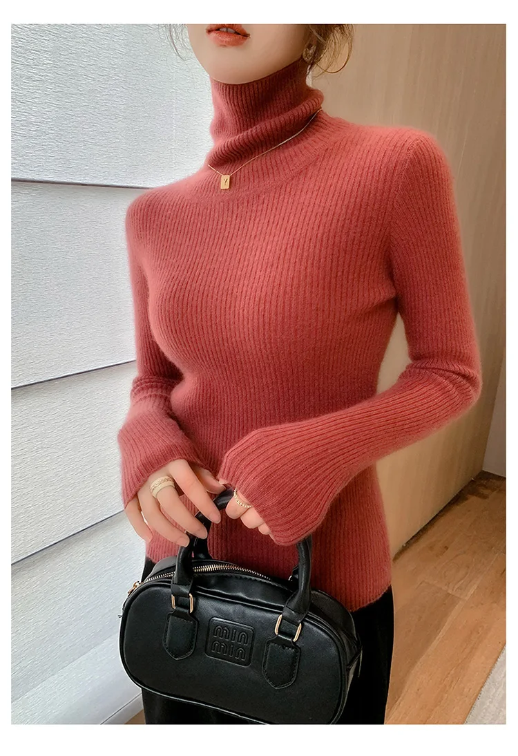 100% Cashmere Sweater Women's Knitted Pullover Sweater High Neck Solid Color Slim Fit Soft Cashmere Basic Women's Sweater